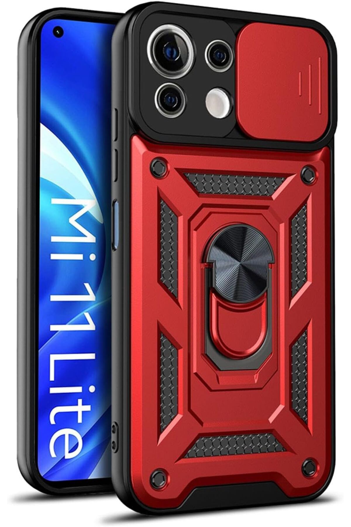 Rivor Xiaomi Mİ 11 Lite Uyumlu Kılıf Kamera Sürgülü Standlı Yüzüklü Darbe Emici Zırh Koruyucu Tank Kapak