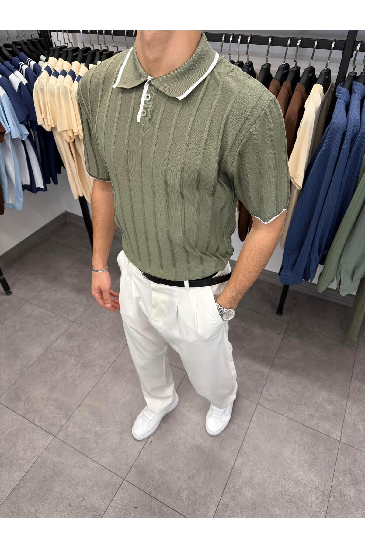 Butik Fitilli Likralı Polo Yaka Triko Çağla Yeşili