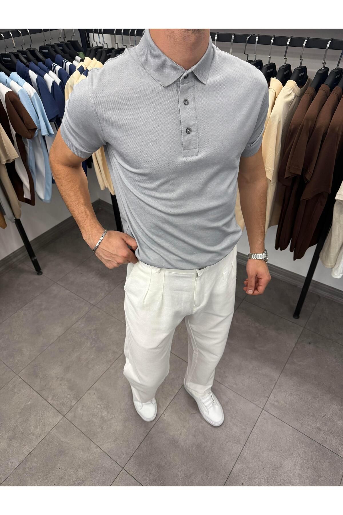 Butik Mericerize Kumaş Ribanalı Yüksek Kalite Polo Yaka Tişört Gri