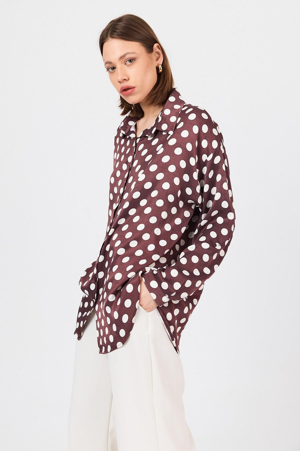 Rays Bordo Puantiye Desen Oversize Saten Gömlek 9411