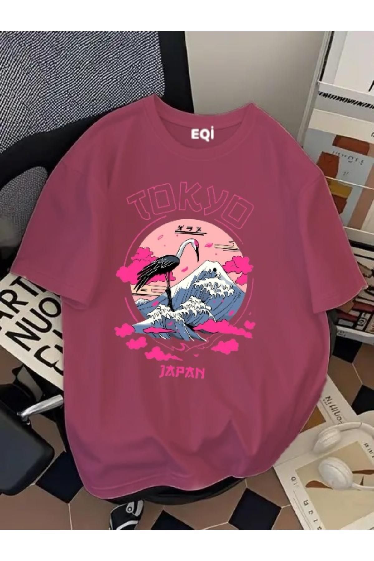 EQİ Tokyo Japon Kuş Baskılı Oversize T-Shirt