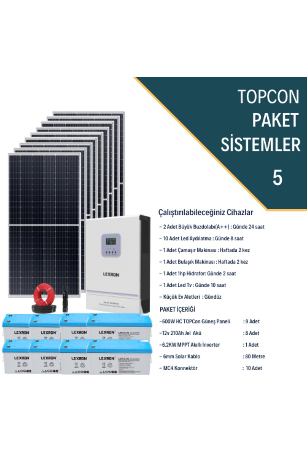 Fabri Solar Güneş Enerjisi Bağevi Hazır Solar Paket - 6.2Kw Mppt Akıllı İnverter + 9X 600W Güneş Paneli+ 8X 12V