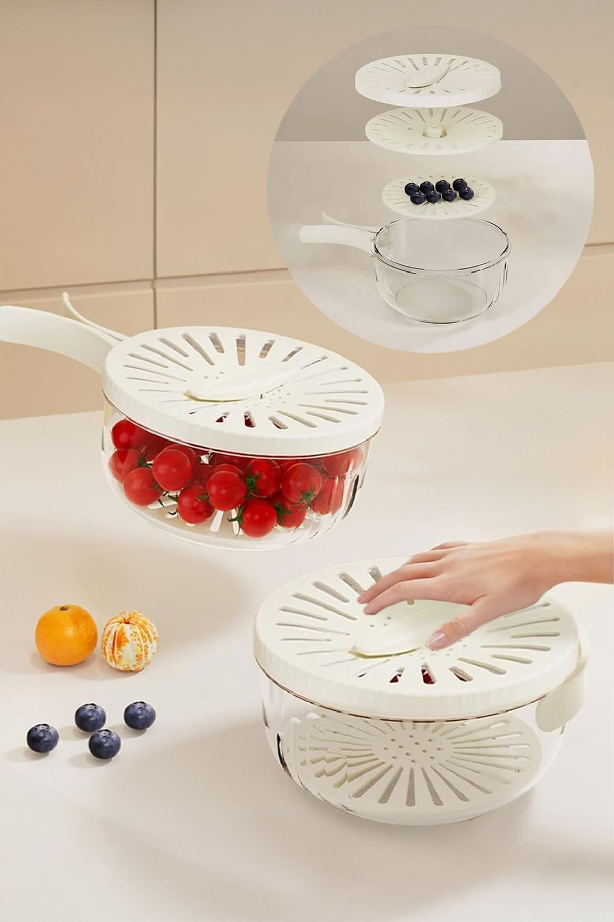 Kitchen Life Katlanır Kulplu Meyve Sebze Süzgeçli Saklama Kabı - Buzdolabı Saklama Kutusu