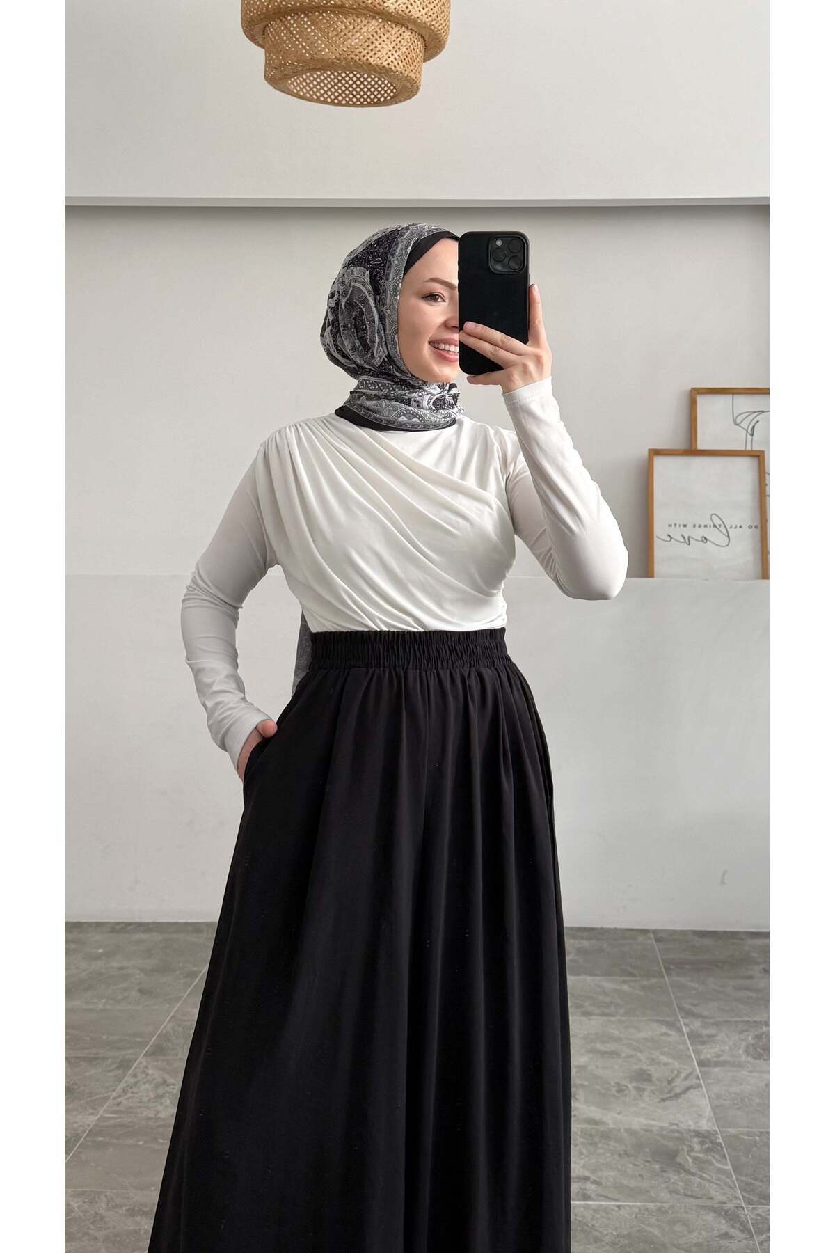 Hatun Atila Beli Lastikli Geniş Paça Modal Etekli Pantolon - Siyah görsel 2