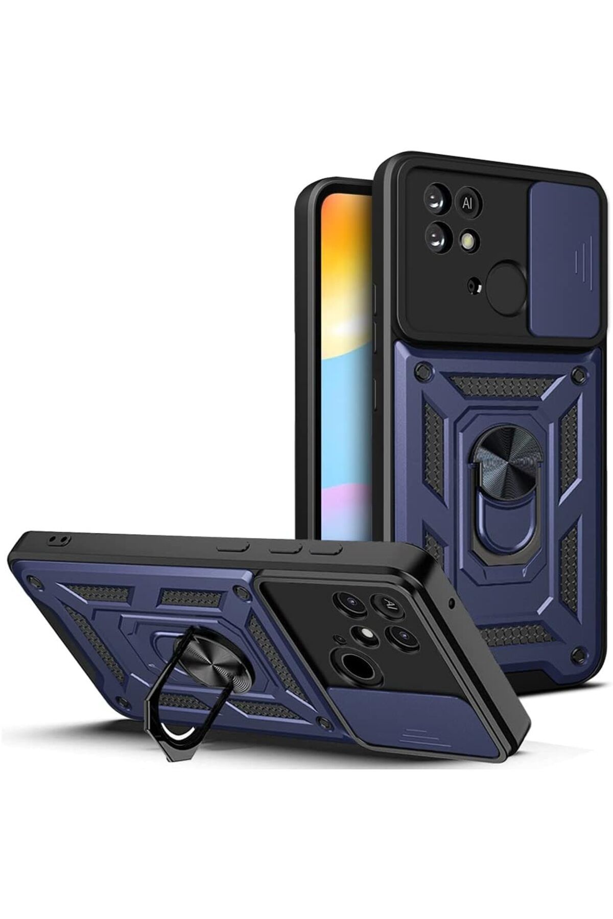 Rivor Xiaomi Redmi 10C & Poco C40 Kılıf Kamera Sürgülü Standlı Yüzüklü Darbe Emici Koruyucu Tank Kapak