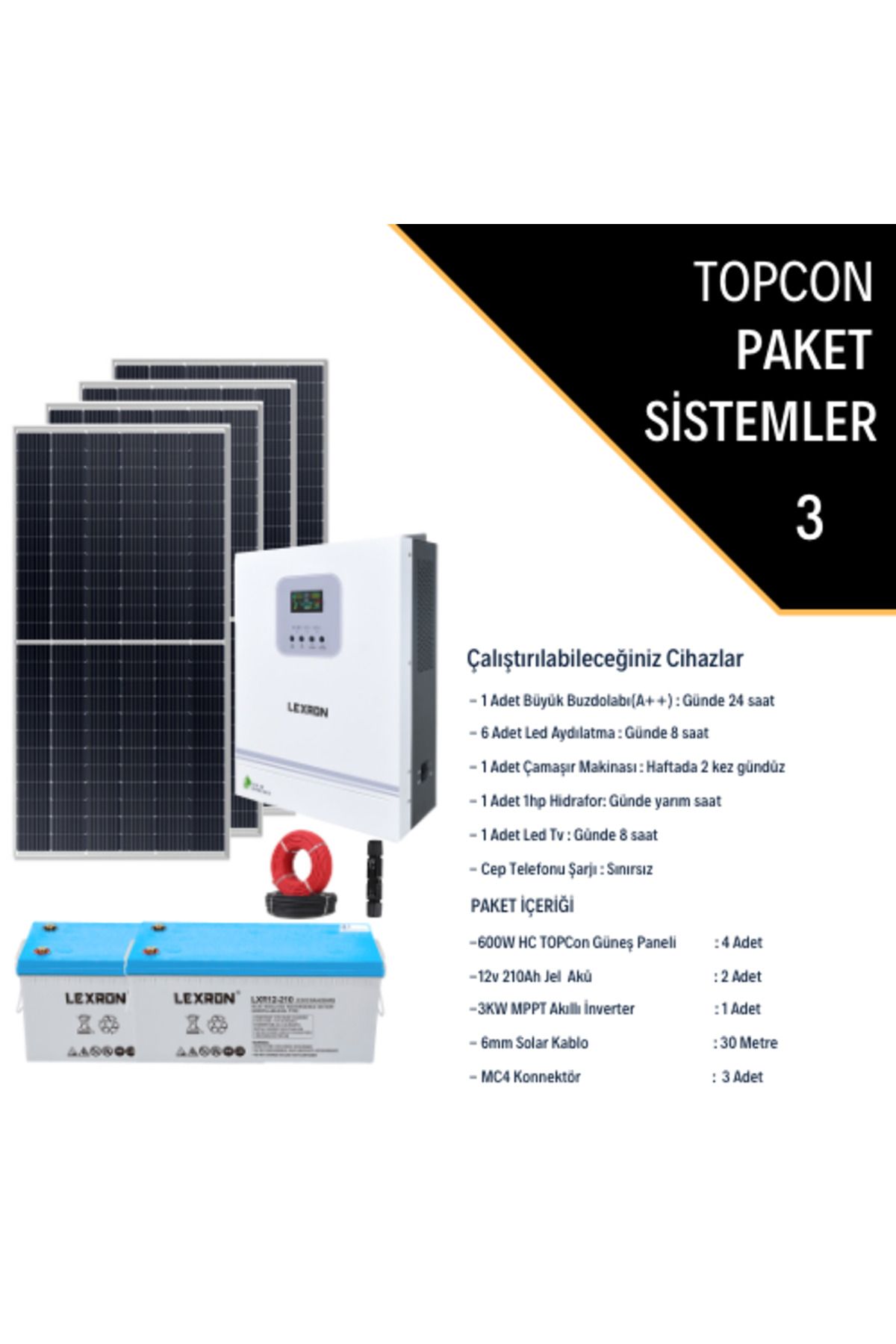 Fabri Solar Güneş Enerjisi Bağevi Hazır Solar Paket - 3Kw Mppt Akıllı İnverter + 4X 600W Güneş Paneli+ 2X 12V 21