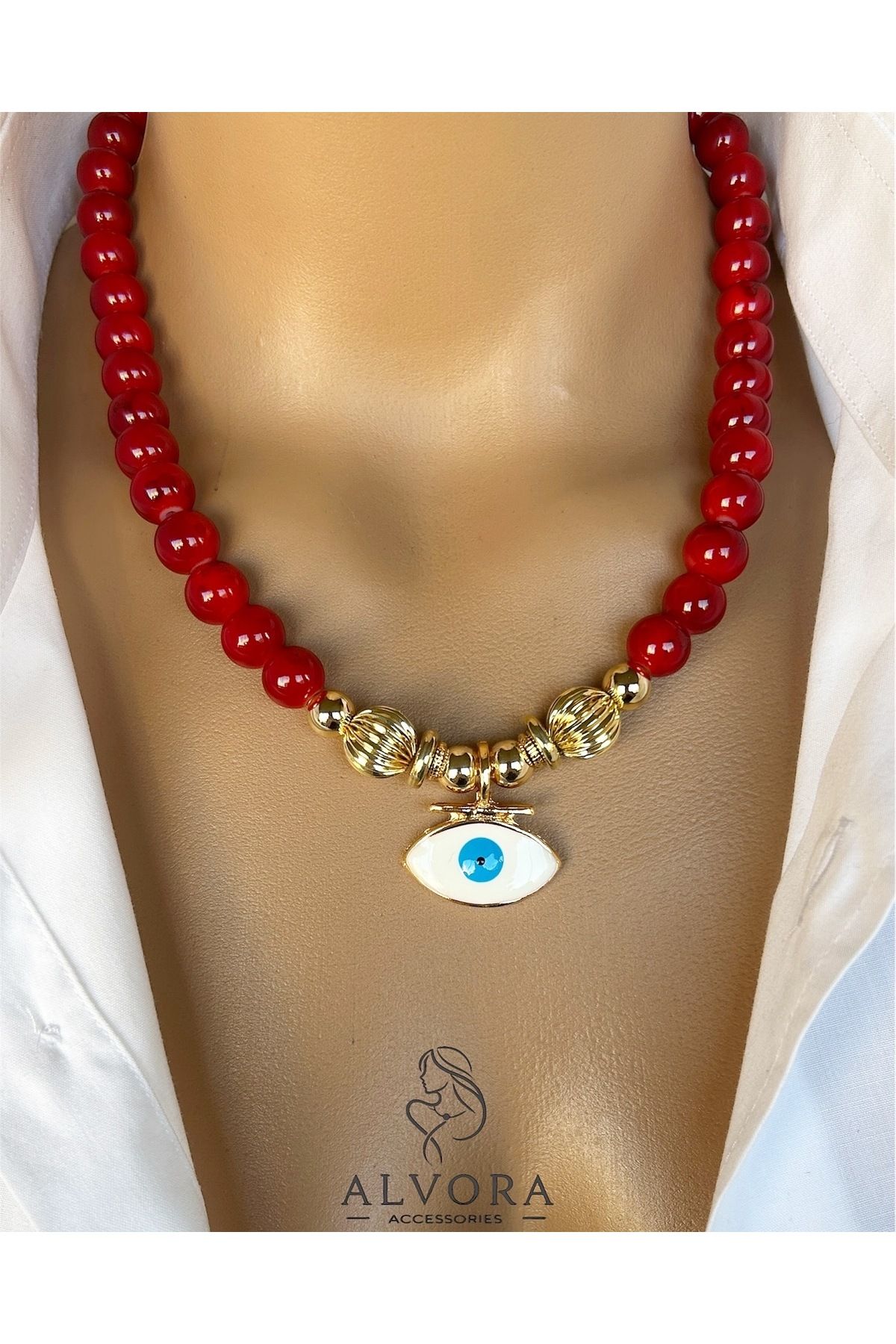 Alvora Accessories Mercan Kırmızı Boncuk Tasarım Mavi Göz Kolye