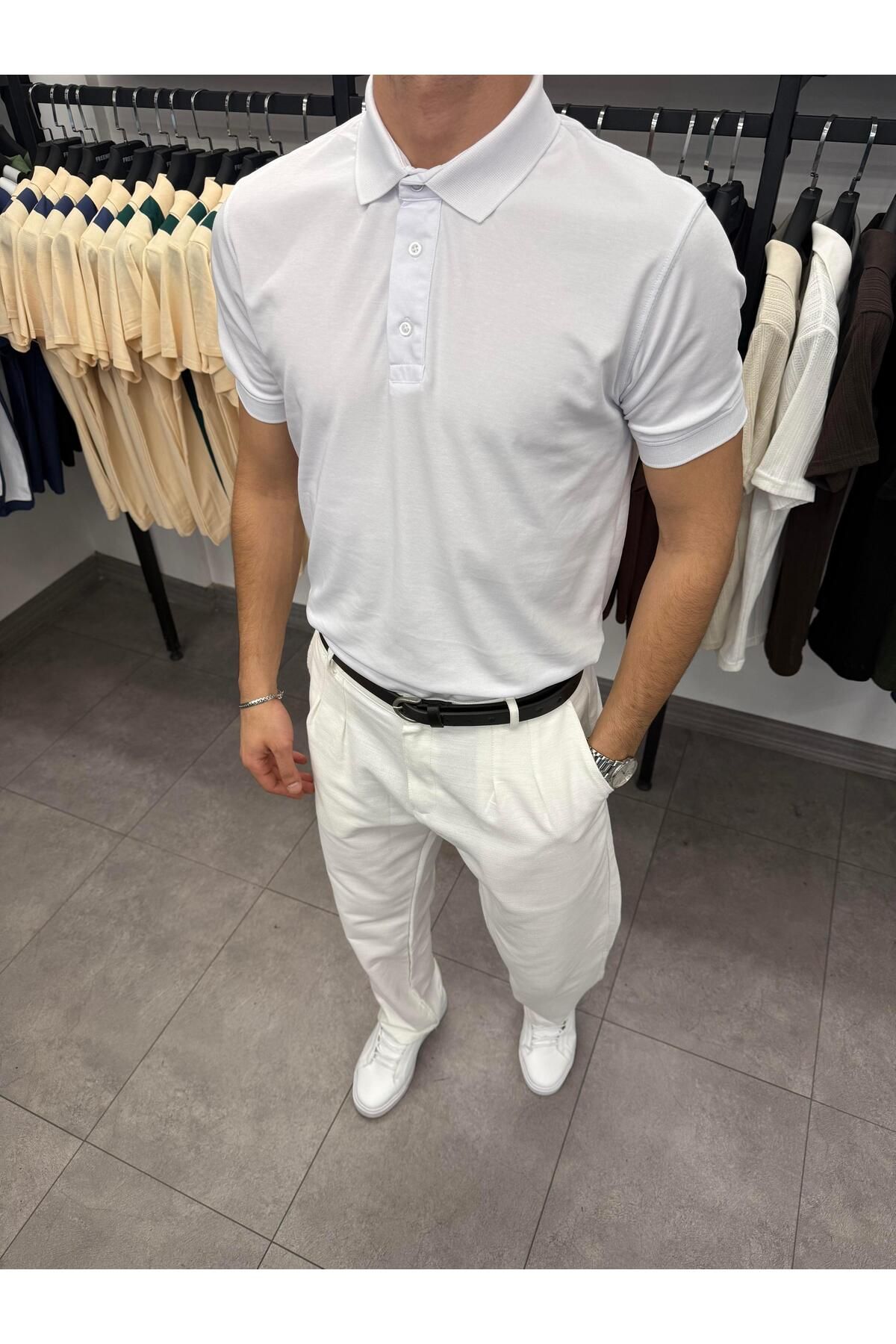 Butik Mericerize Kumaş Ribanalı Yüksek Kalite Polo Yaka Tişört Beyaz