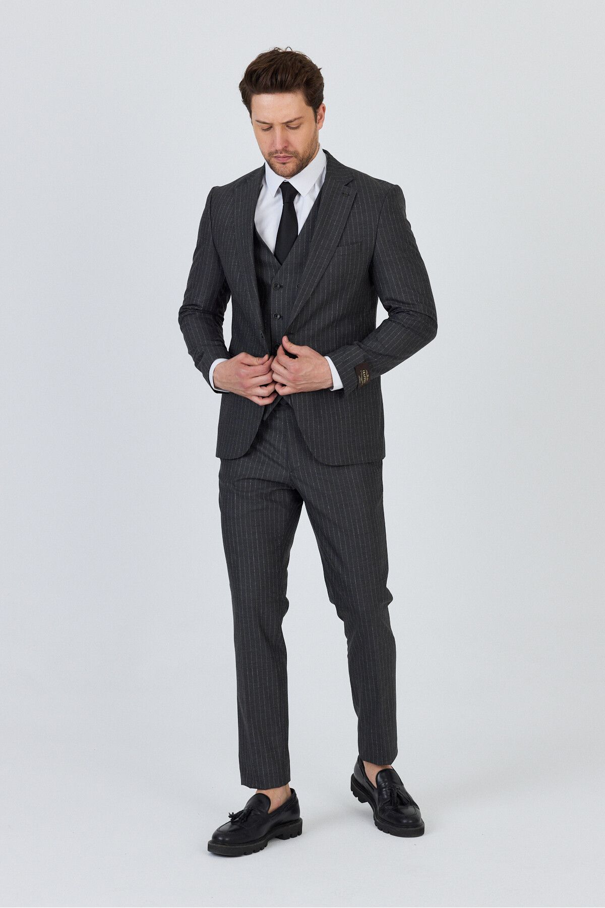 Frappoli Ateca Erkek Koyu Gri İtalyan Çizgili Ceket+Pantolon+Yelekli Slim Fit Takim Elbise