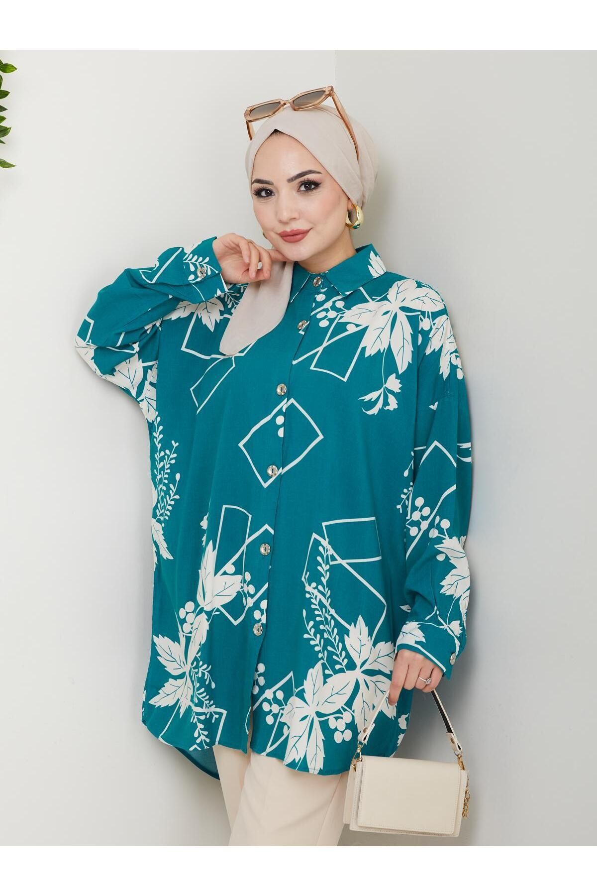 Yasmy Collection Kadın Yeşil Yaprak Desen Standart Beden Oversize Tesettür Gömlek YS25-LV001