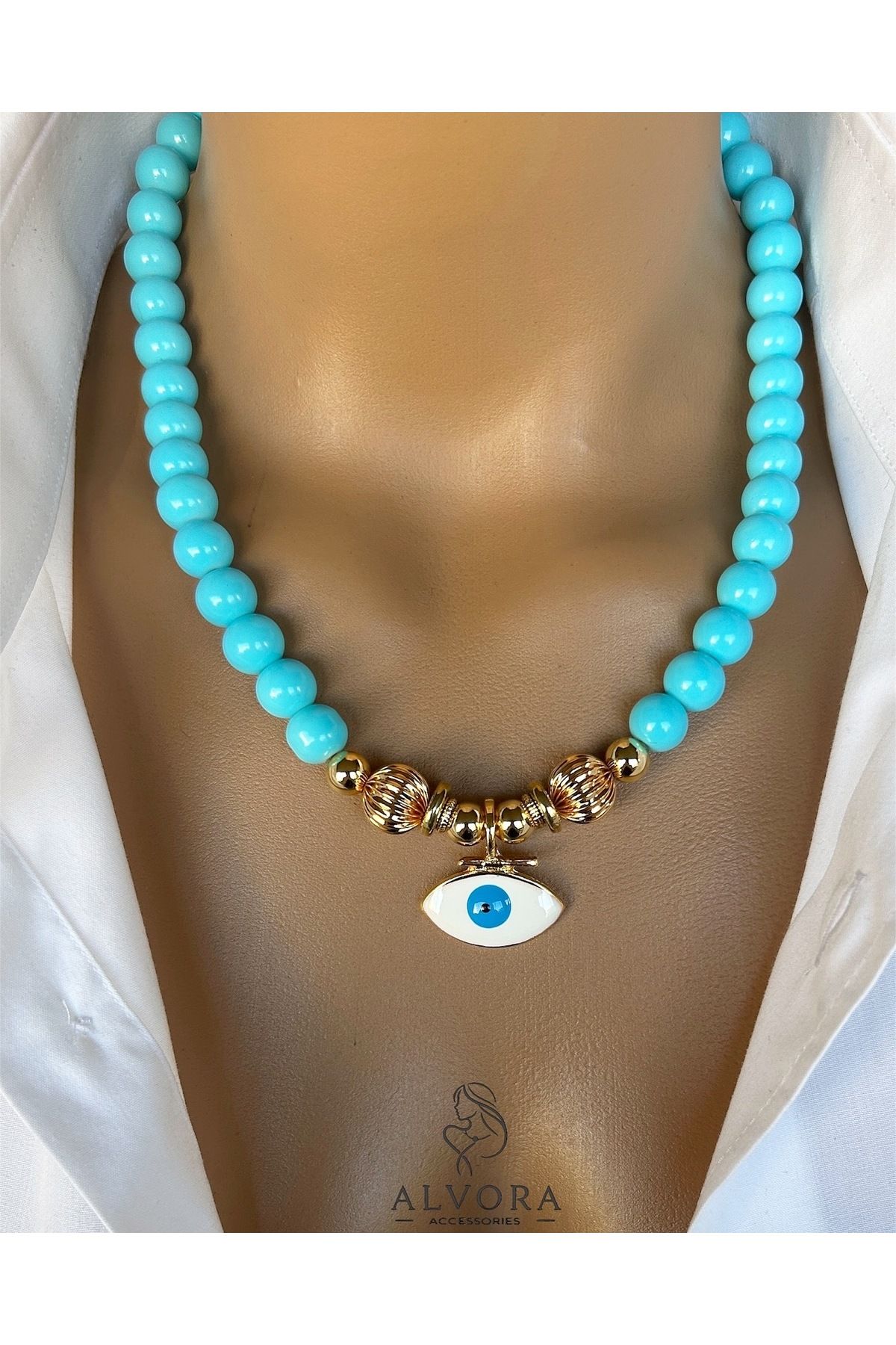 Alvora Accessories Turkuaz Boncuk Tasarım Mavi Göz Kolye