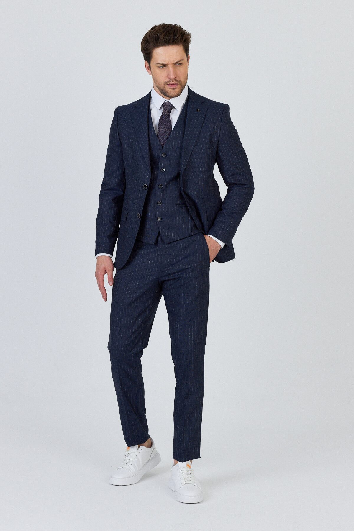 Frappoli Ateca Erkek Lacivert İtalyan Çizgili Ceket+Pantolon+Yelekli Slim Fit Takim Elbise