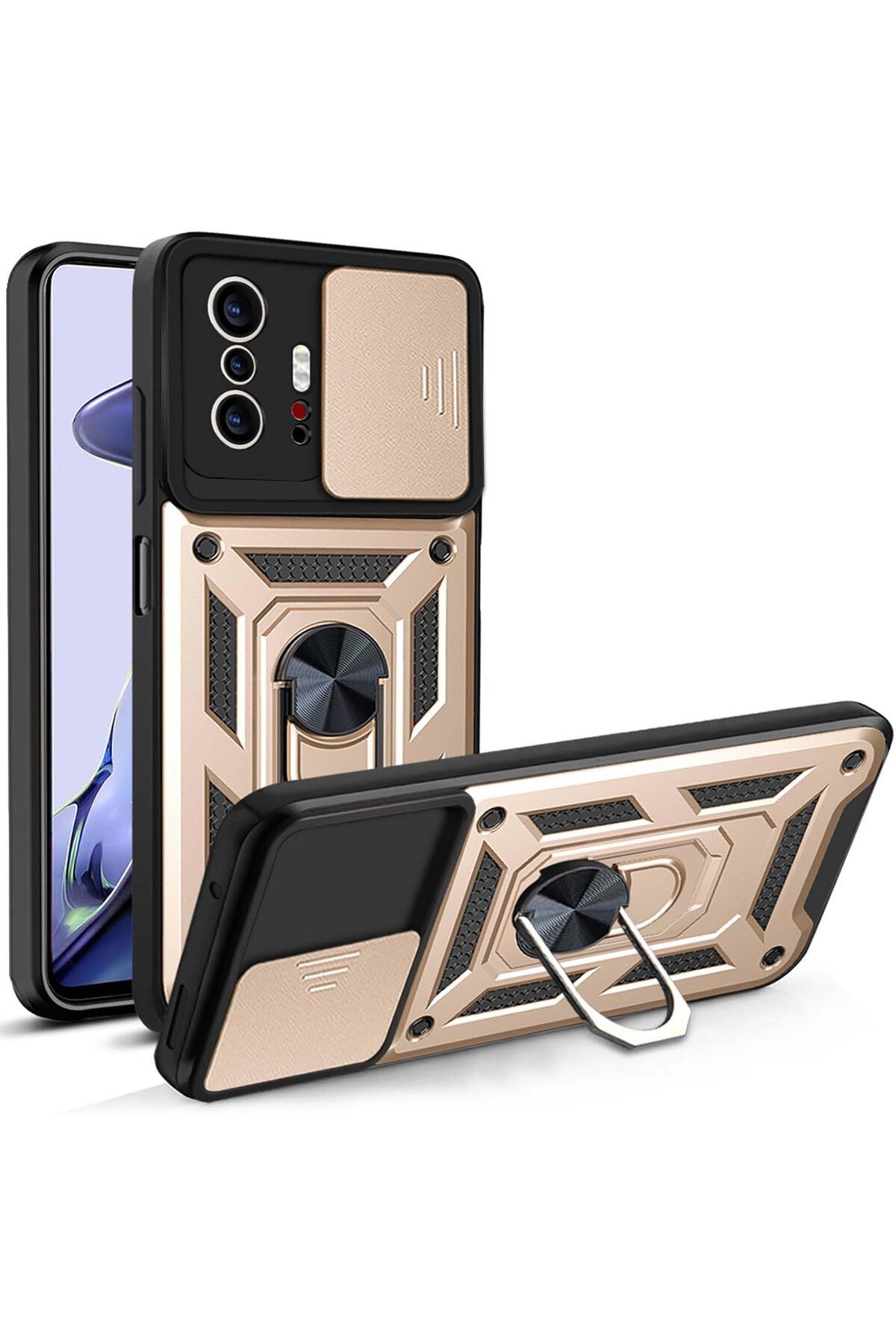 Rivor Xiaomi Mi 11T & Mi 11T Pro Kılıf Kamera Sürgülü Standlı Yüzüklü Darbe Emici Zırh Koruyucu Tank Kapak