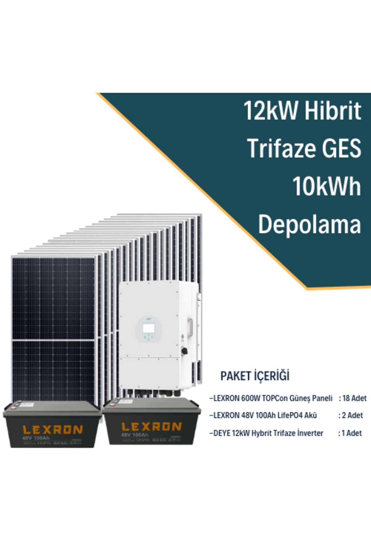 Fabri Solar Güneş Enerjisi Hibrit Solar Paket 12Kw Trifaze İnverter + 18X 600W Güneş Paneli + 2X 48V 100Ah Lityu