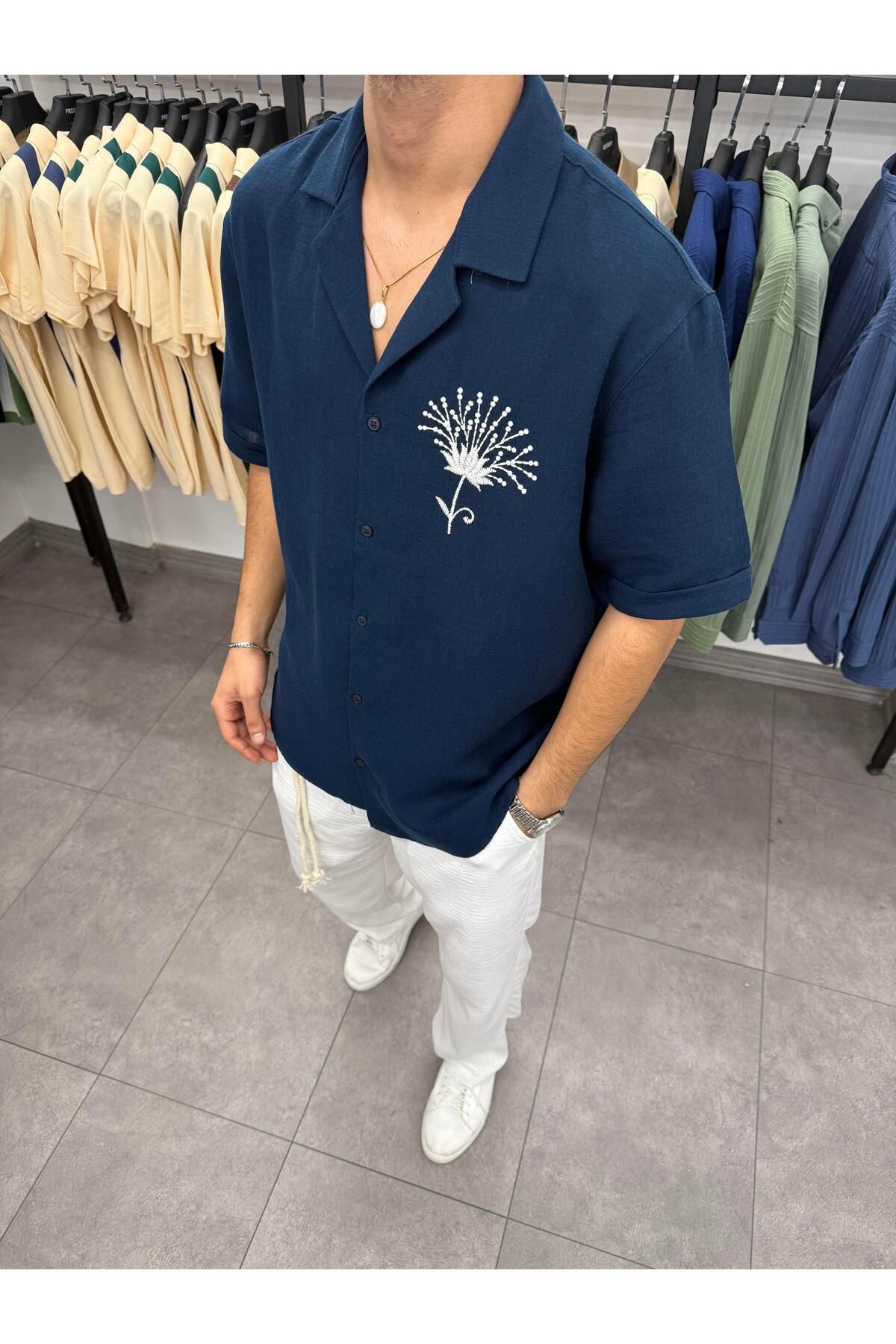 Butik Nakış İşlemeli Kısa Kol Oversize Gömlek Lacivert