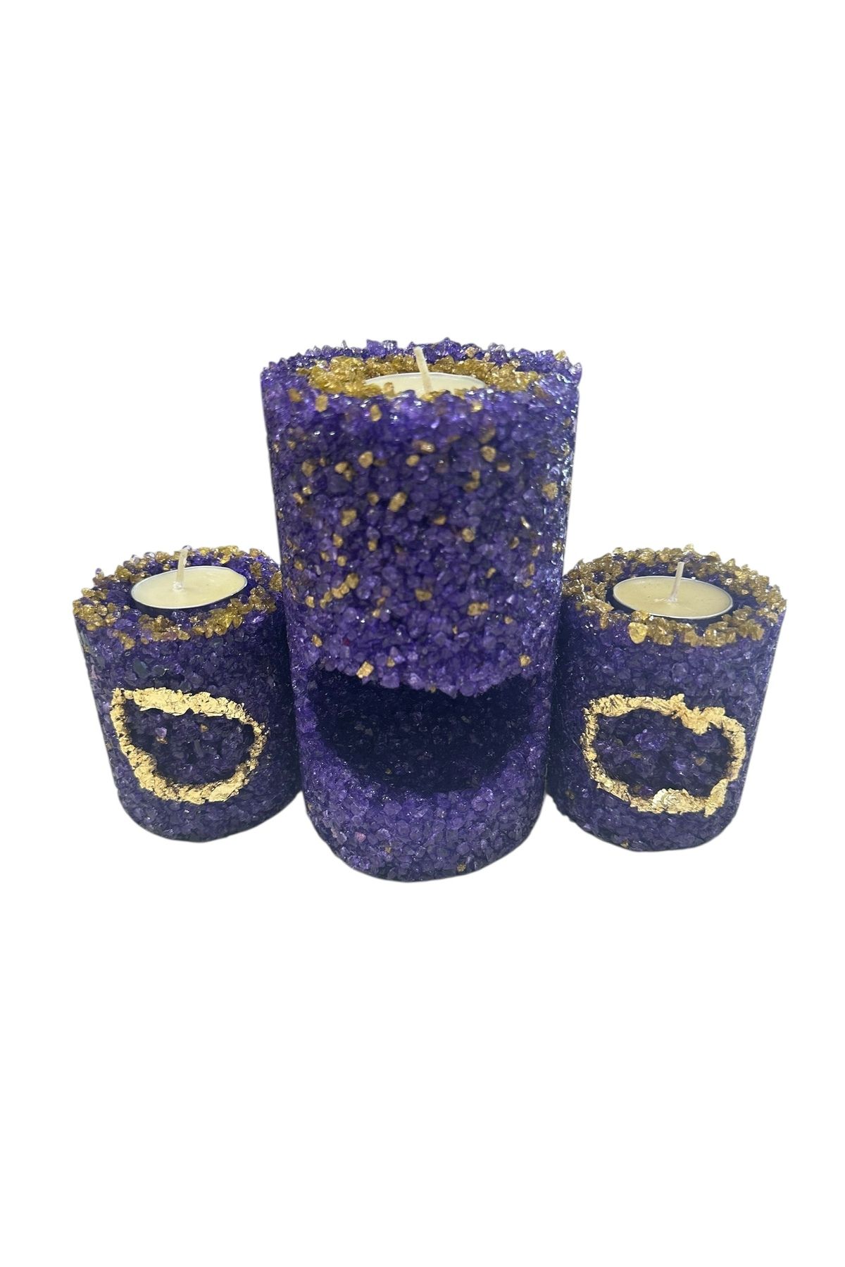 magnocandles Dekoratif 3’lü taşlı Mumluk Tealight Mor gold