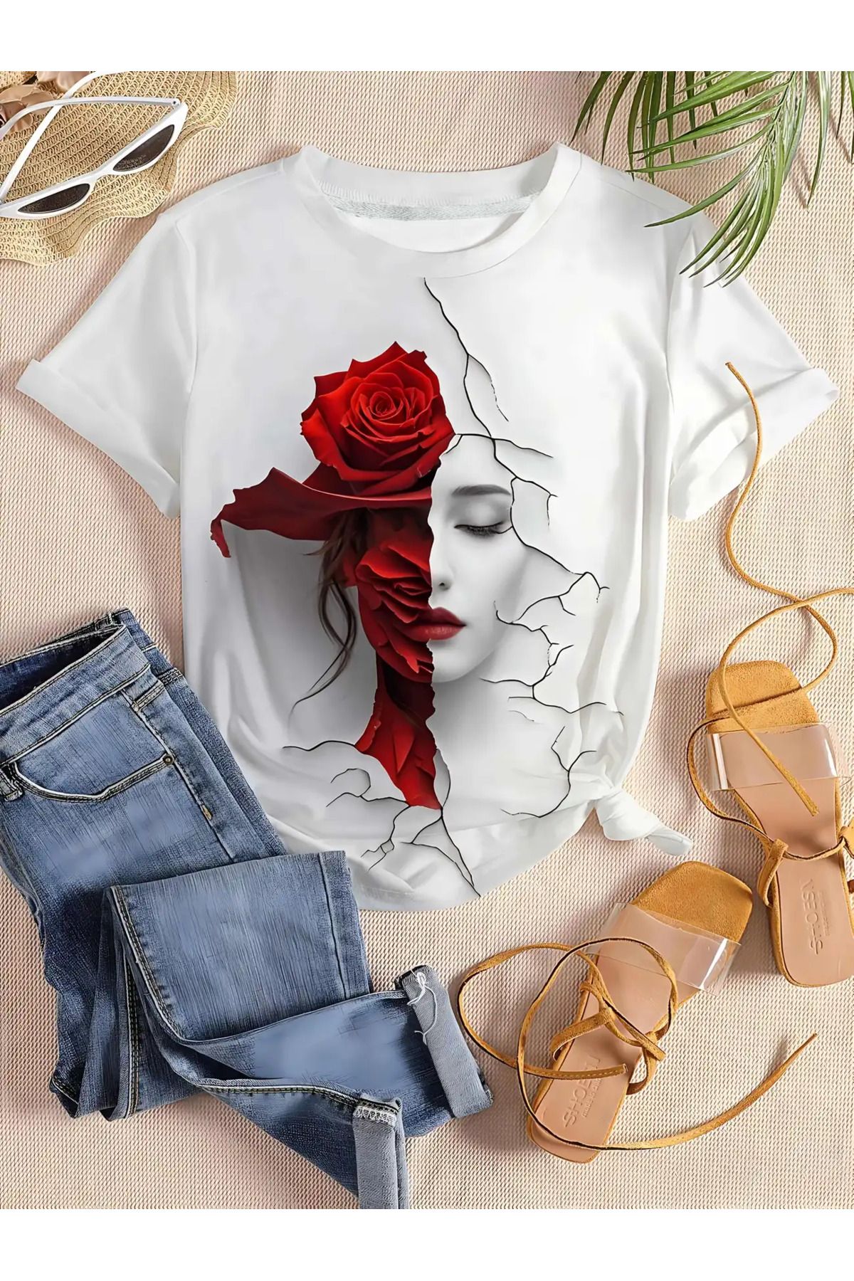 LAND MODA Kadınların Şık Gri ve Beyaz T-Shirt'i Sanatçı Yüz Tasarımı ile - Kısa Kollu, Yuvarlak Yaka,
