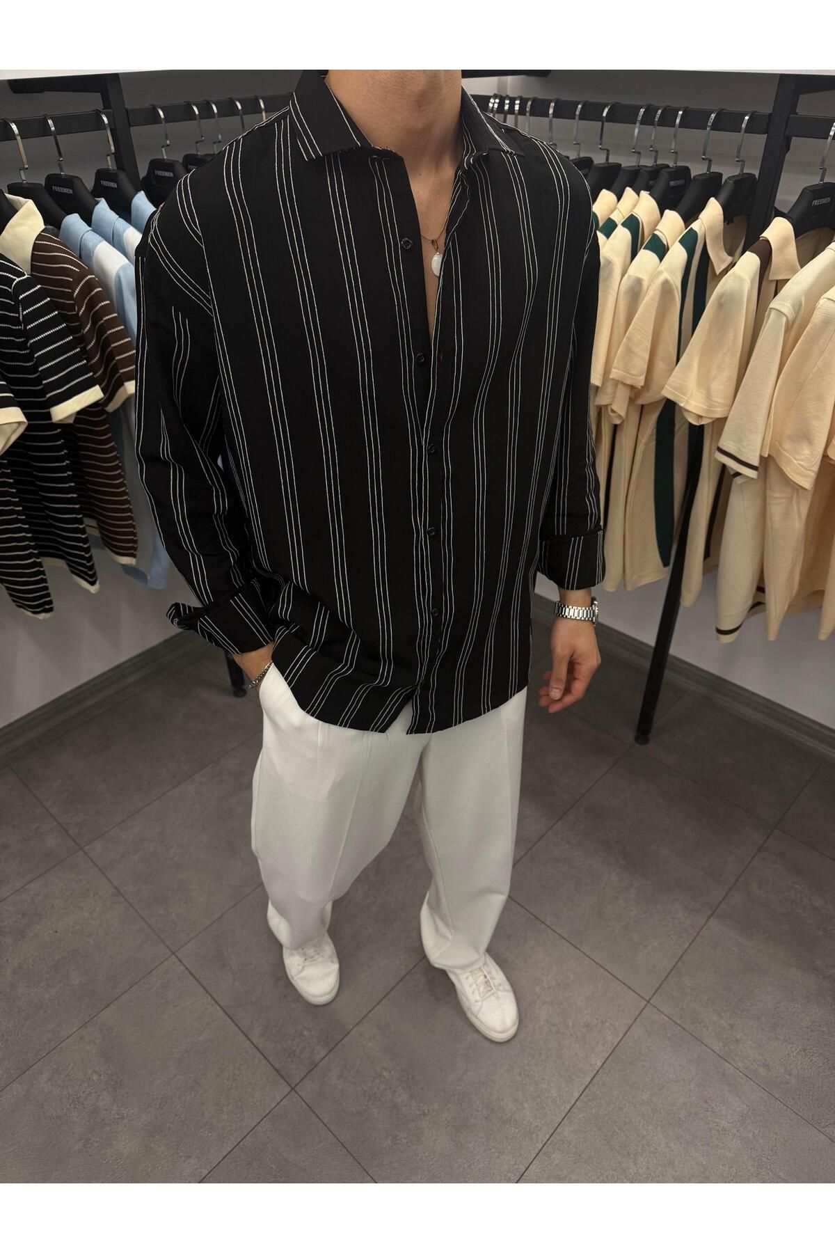 Butik Çift Çizgi Detaylı Oversize Gömlek Siyah