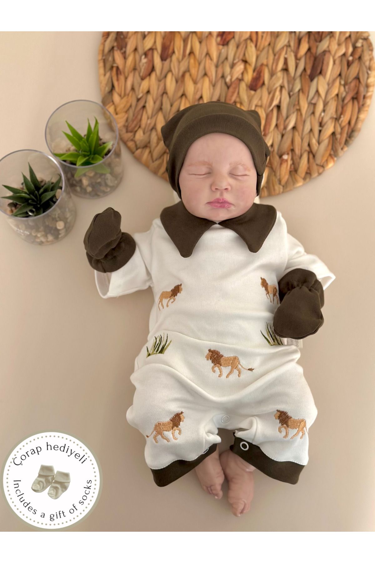 Mama Miel Baby Aslan Nakışlı Yazlık Tulum Set | Lion Embroidery Summer Edition Hospital Release %100 Cotton
