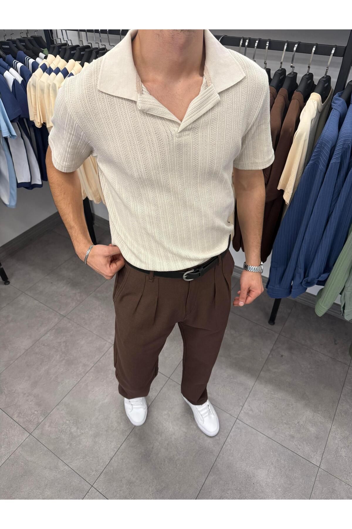 Butik Örme Desenli Apaç Yaka Triko Bej
