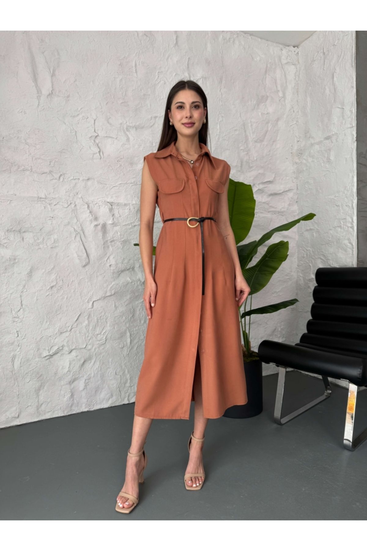 Elif Özbey Butik Kiremit Cep Detaylı Sıfır Kol Elbise