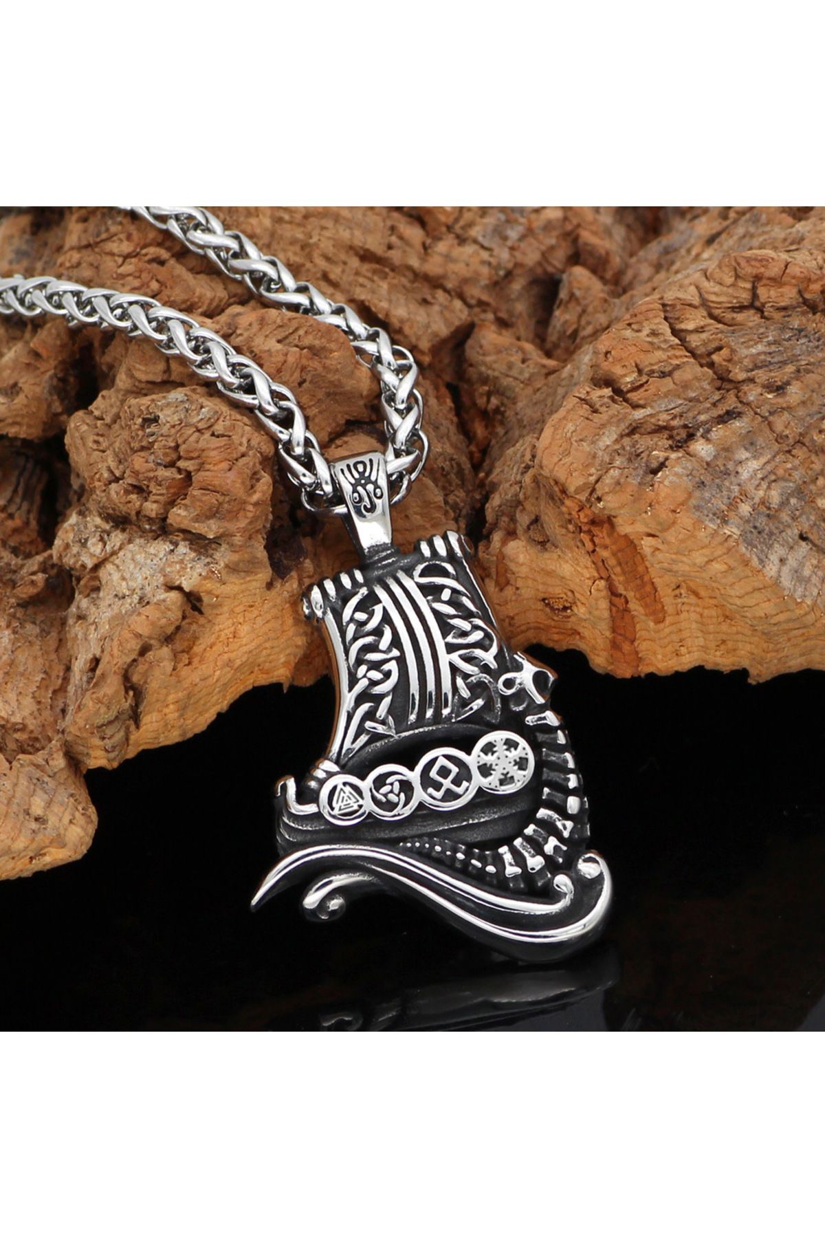 Viking Gemisi İskandinav Mitolojisi 316L Paslanmaz Çelik Örgü Zincir Kolye