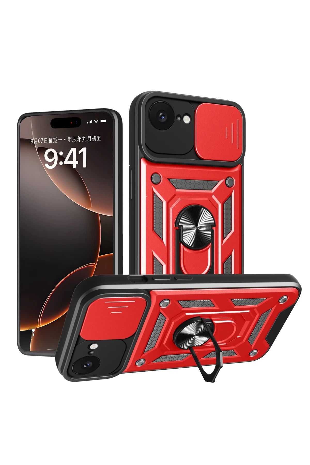 NewFace iPhone 16E Kılıf Pars Lens Yüzüklü Silikon - Kırmızı FERRG