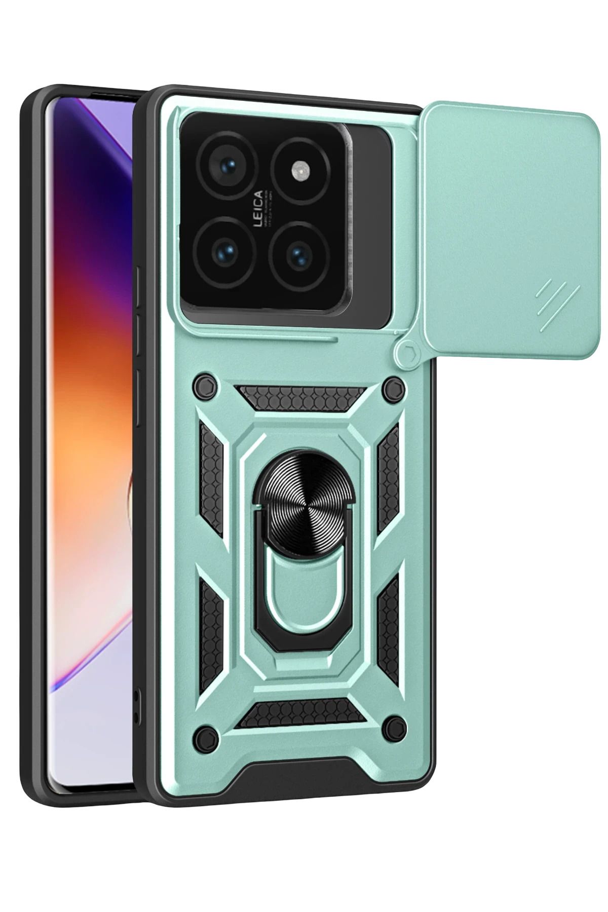 NewFace Xiaomi Mi 14T Pro Kılıf Pars Lens Yüzüklü Silikon - Yeşil FERRG