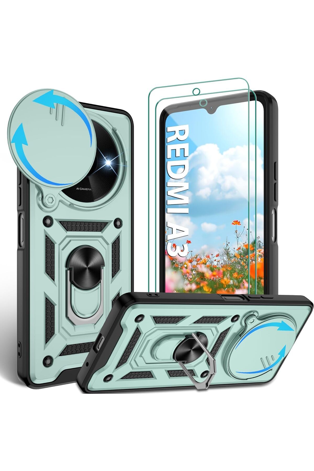 Rivor Xiaomi Redmi A3 4G & Poco C61 Kılıf Kamera Sürgülü Standlı Yüzüklü Darbe Emici Koruyucu Tank Kapak
