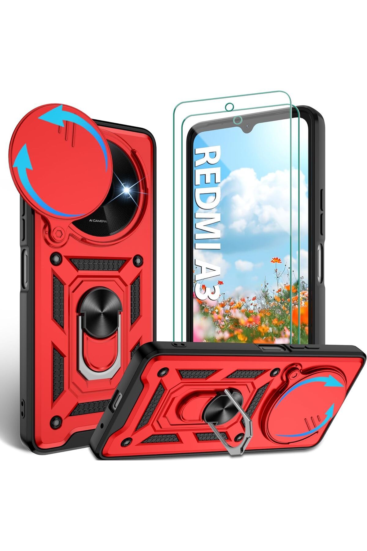 Rivor Xiaomi Redmi A3 4G & Poco C61 Kılıf Kamera Sürgülü Standlı Yüzüklü Darbe Emici Koruyucu Tank Kapak