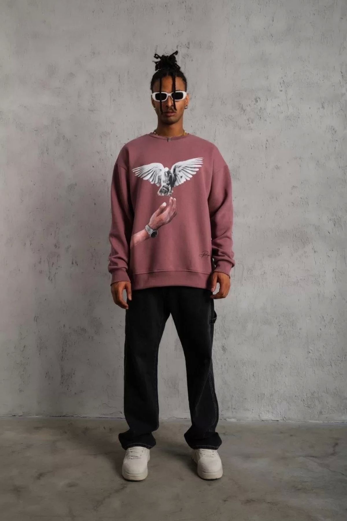 luz&pos Erkek Güvercin Baskılı Sweatshirt - Gül Kurusu