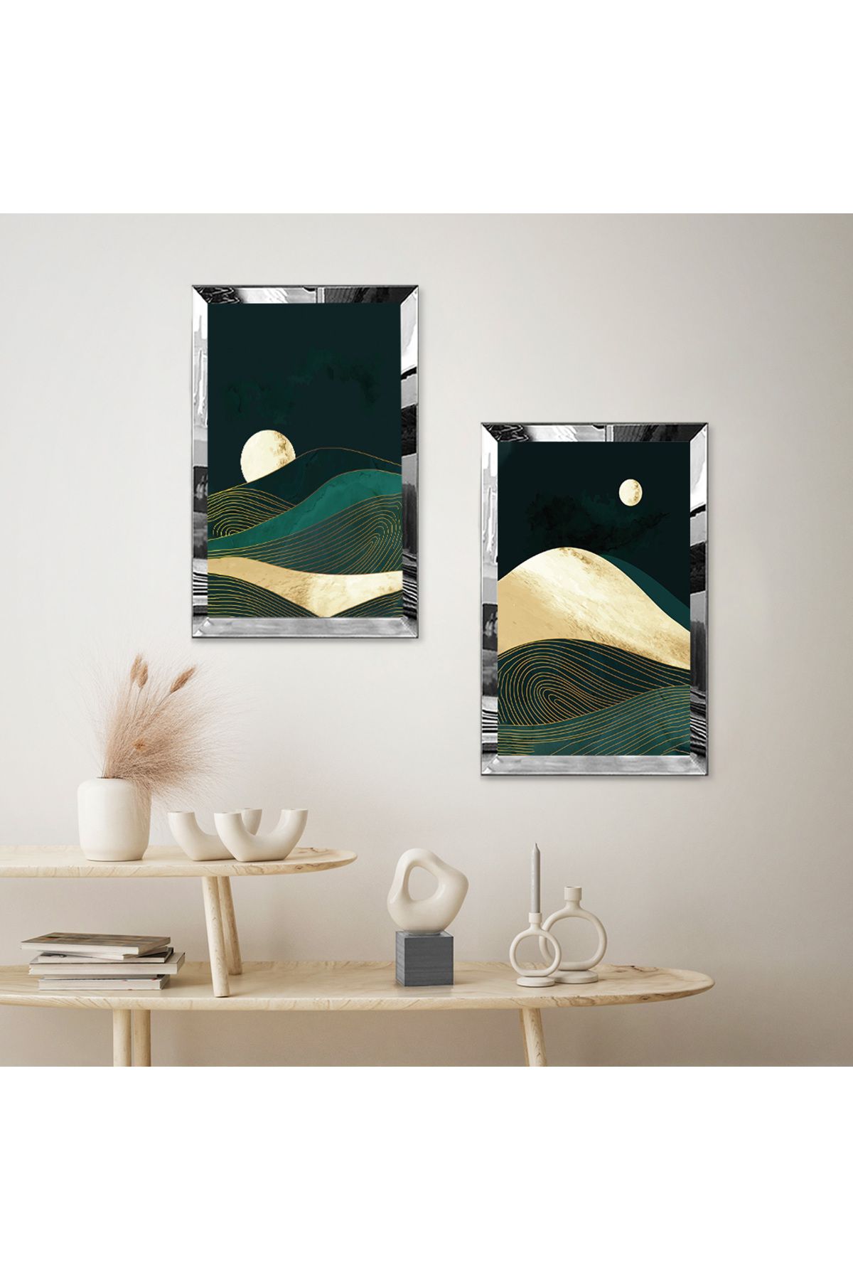 Zevahir Mobilya Dekorasyon-Modern Night Mountain View Double Mdf Table Set with Silver Mirror Plexi Frame 2