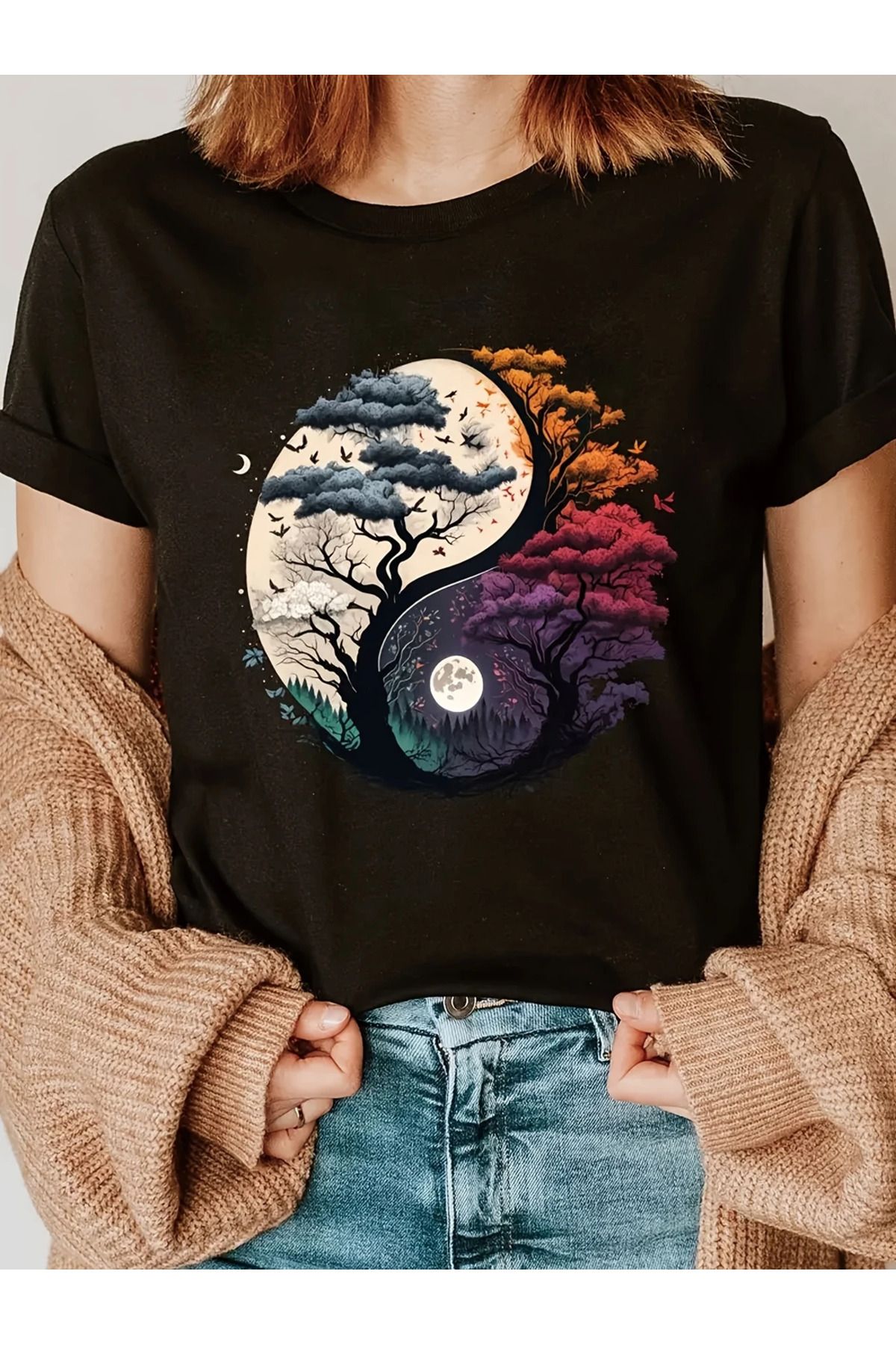 LAND MODA Kadınlar İçin Günlük Kısa Kollu Tişört - Yin-Yang Ağaç Geometrik Desenli Nefes Alabilen