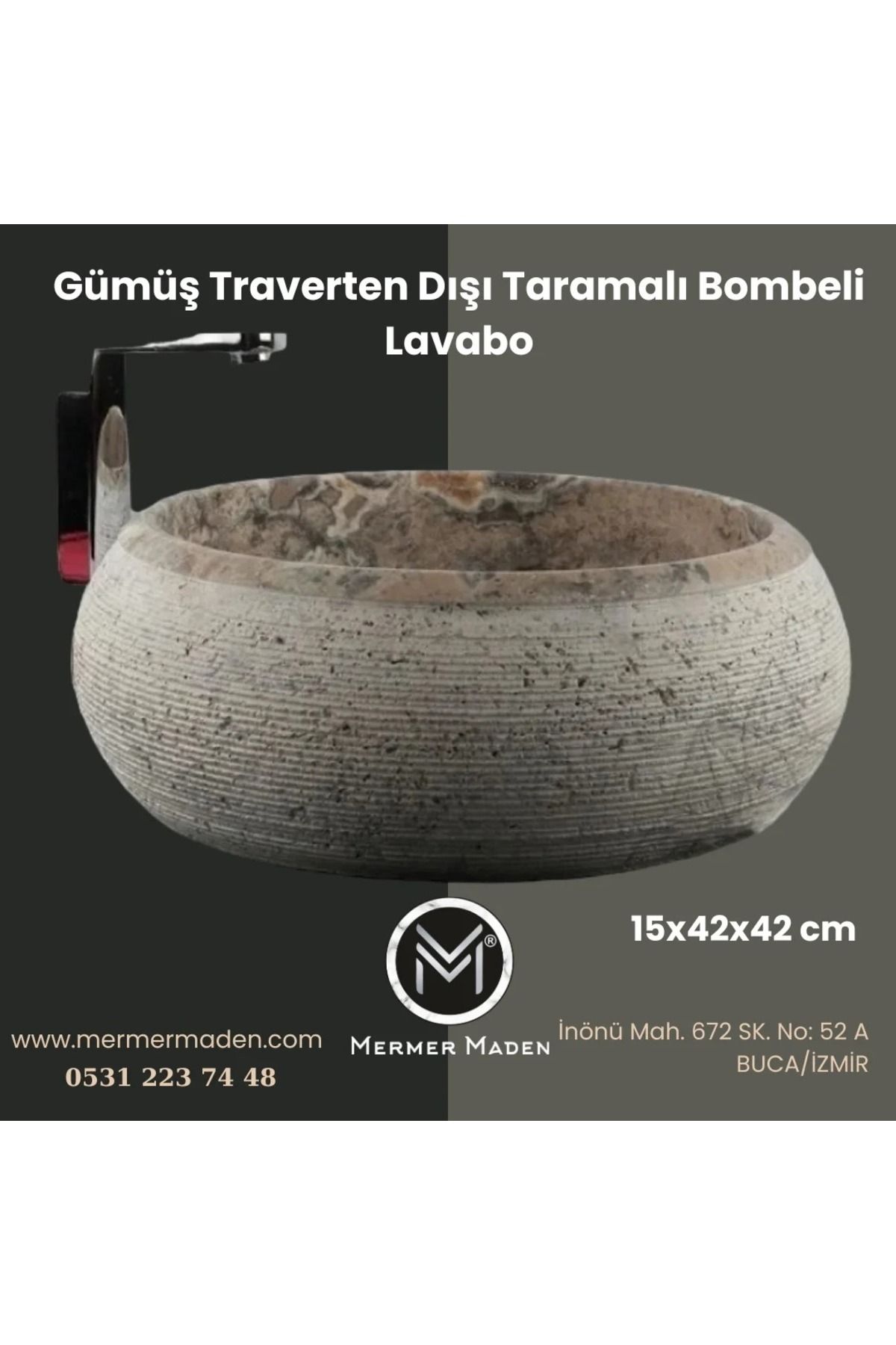 MermerMaden Gümüş Traverten Dışı Taramalı Bombeli Lavabo