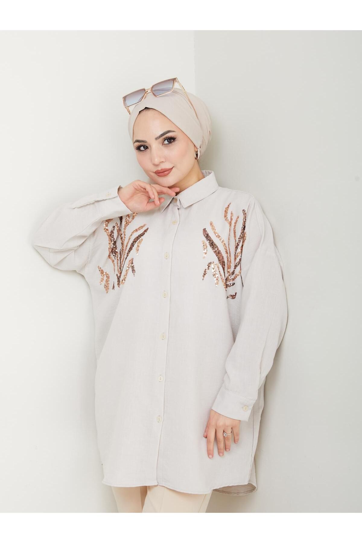 Yasmy Collection Kadın Bej Payet Desen Standart Beden Oversize Tesettür Gömlek YS25-LV003