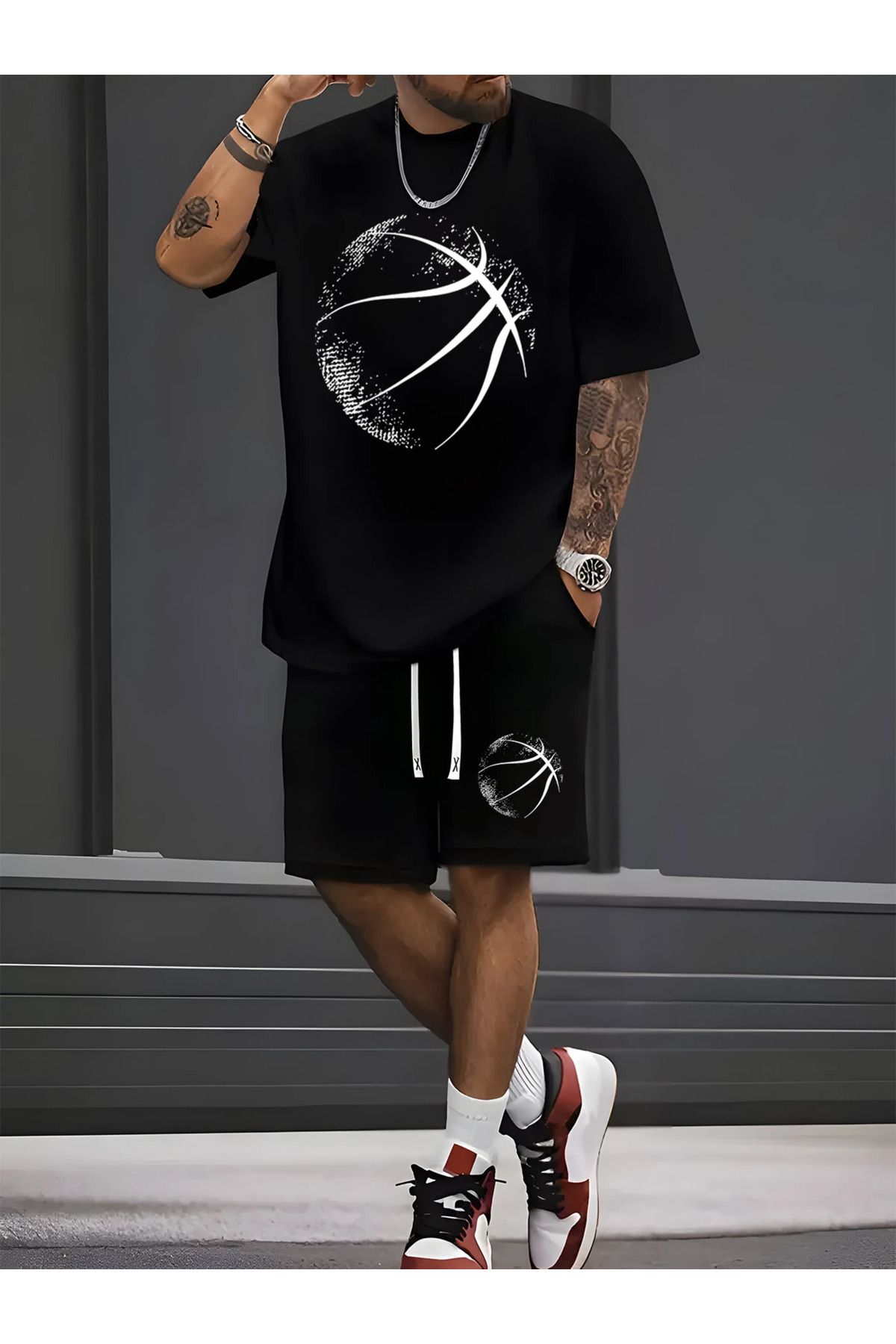 aynewmoda Erkek Basketbol Baskılı Yuvarlak Yaka Bağcıklı Tişört ve Şort Takımı