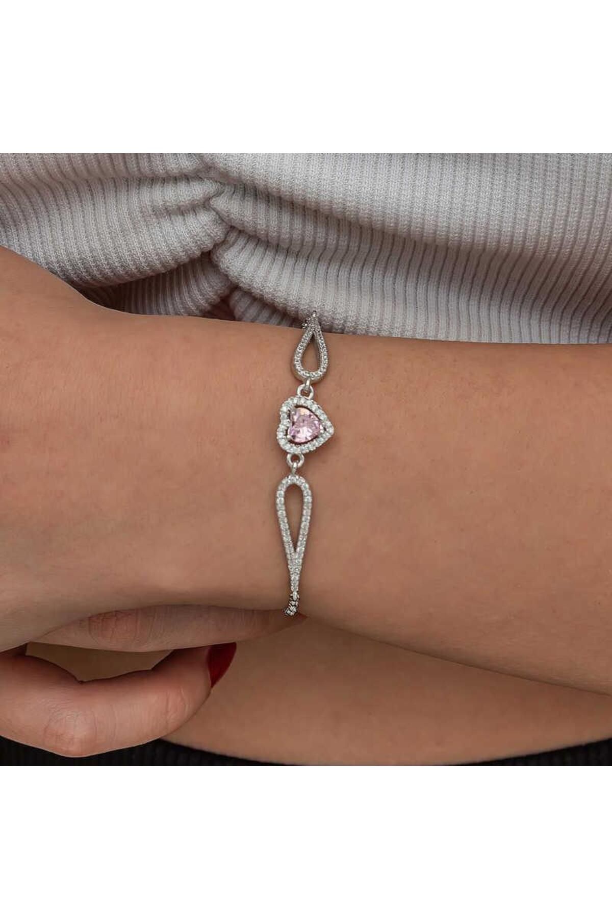 Gumush Gümüş Pembe Zirkon Taşlı Kalp Bileklik