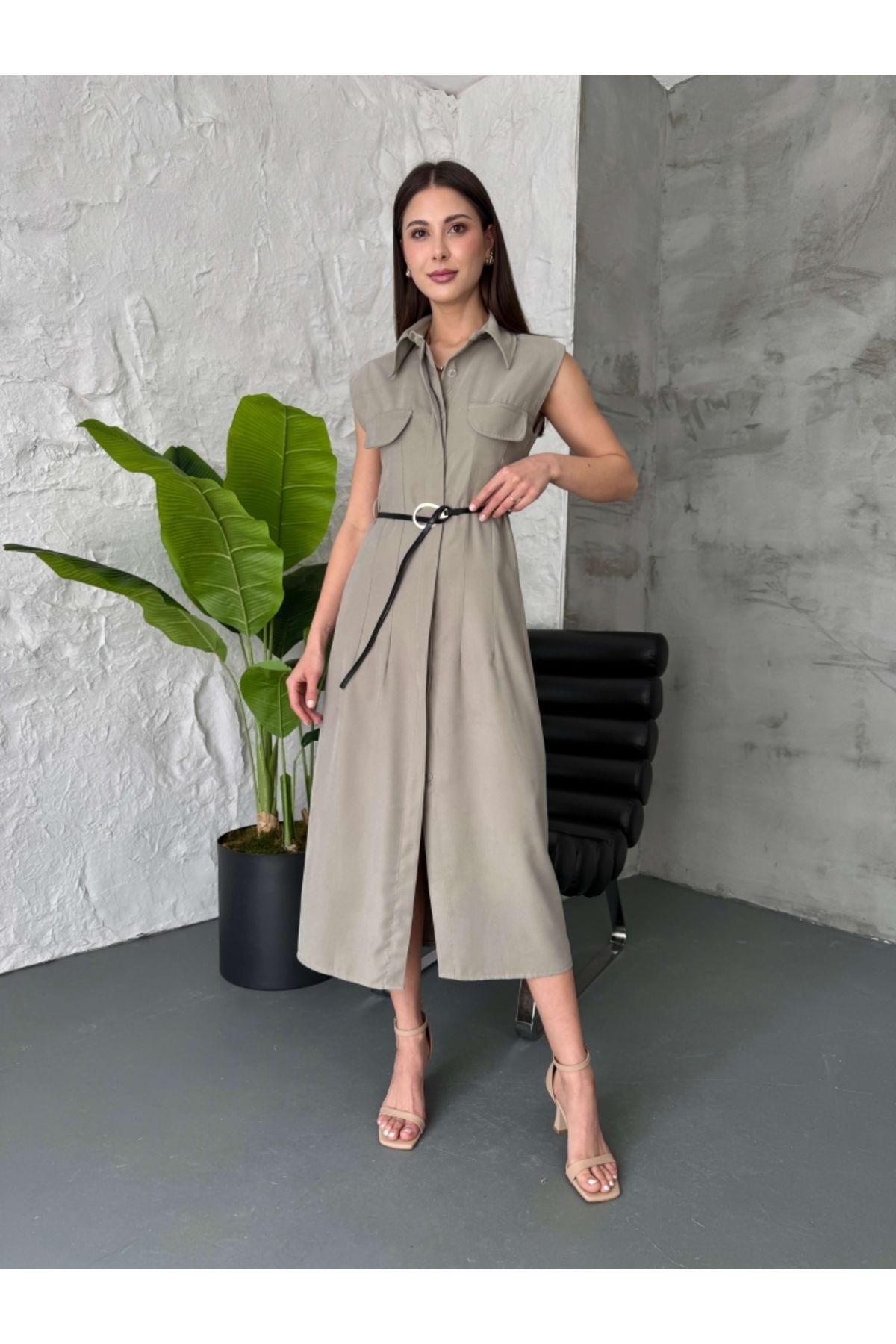 Elif Özbey Butik Haki Cep Detaylı Sıfır Kol Elbise