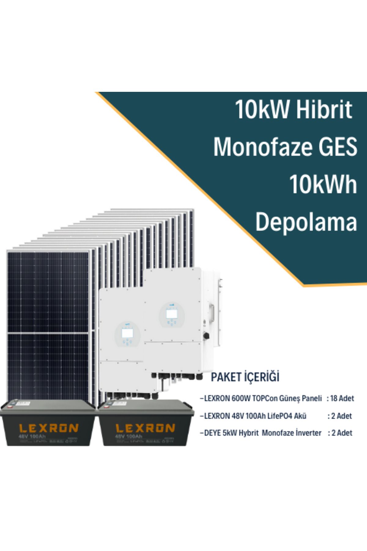 Fabri Solar Güneş Enerjisi Hibrit Solar Paket 2X 5Kw Monofaze İnverter + 18X 600W Güneş Paneli + 2X 48V 100Ah Li