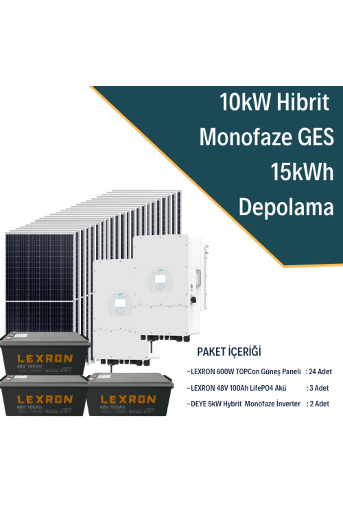 Fabri Solar Güneş Enerjisi Hibrit Solar Paket 2X 5Kw Monofaze İnverter + 24X 600W Güneş Paneli + 3X 48V 100Ah Li