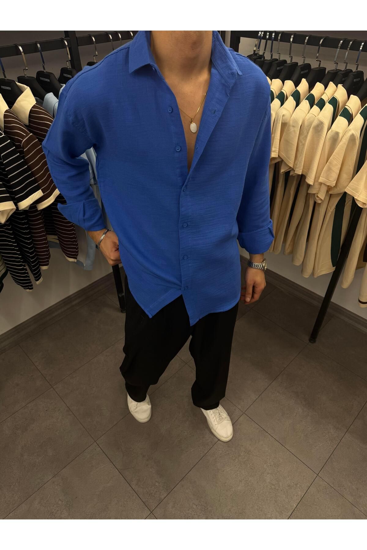 Butik Müslin Kumaş Oversize Gömlek Mavi