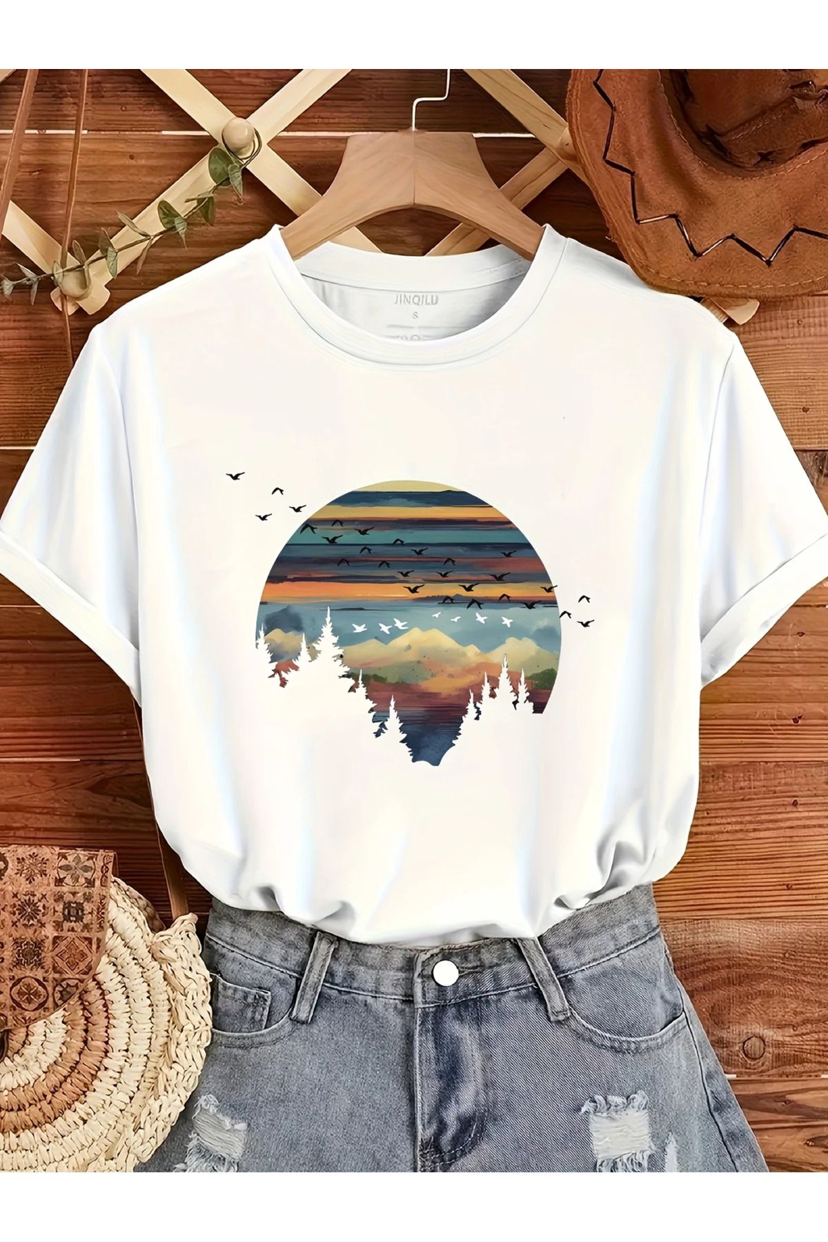 LAND MODA Kadınlar için Rahat Yaka T-Shirt, Manzara Baskılı, Kısa Kollu, Orta Esneklikli Kumaş