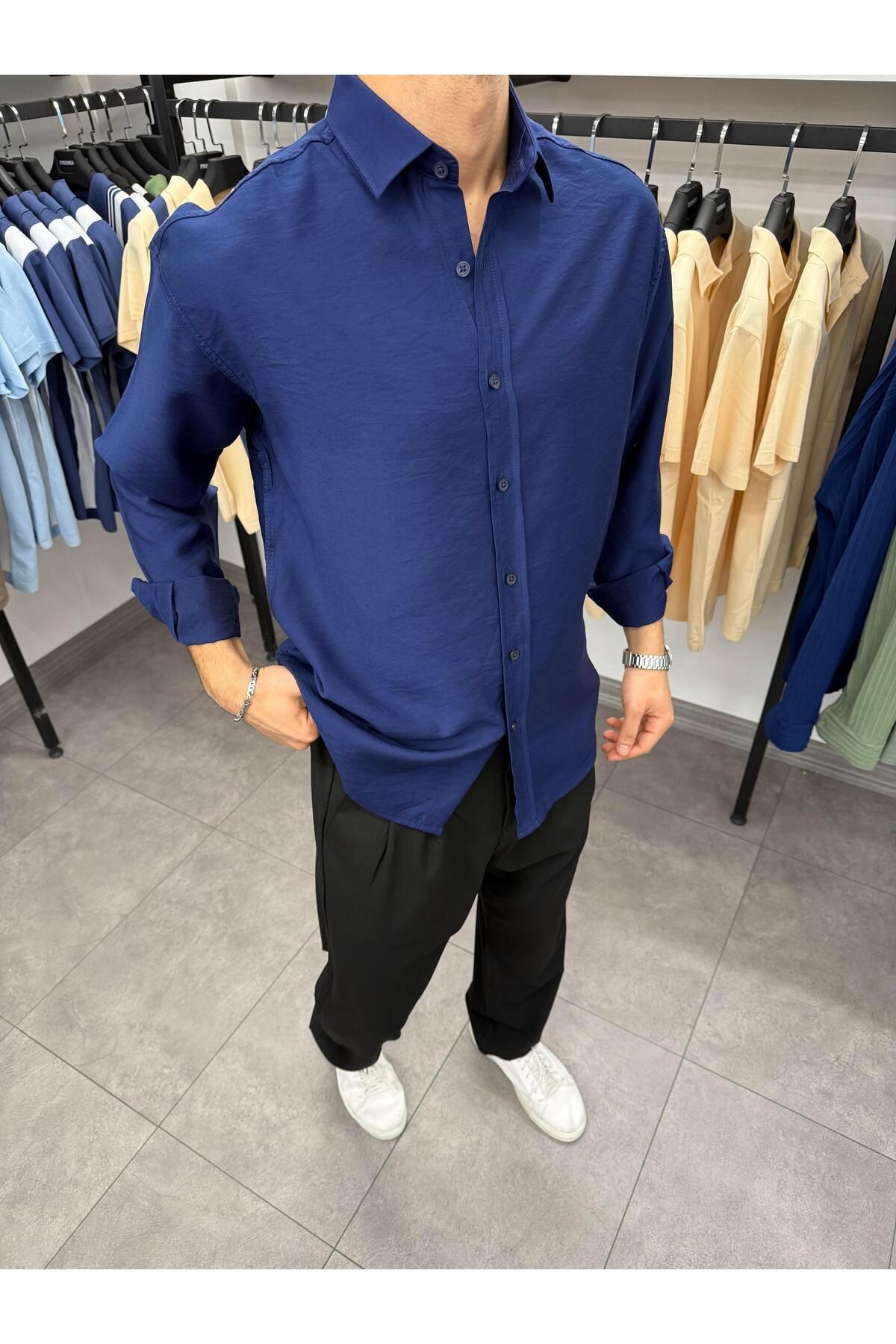 Butik Modal Keten %95 Pamuk Gömlek Lacivert