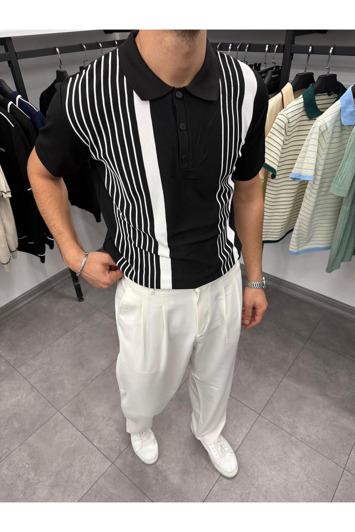Butik Asimetrik Desen Polo Yaka Triko Siyah