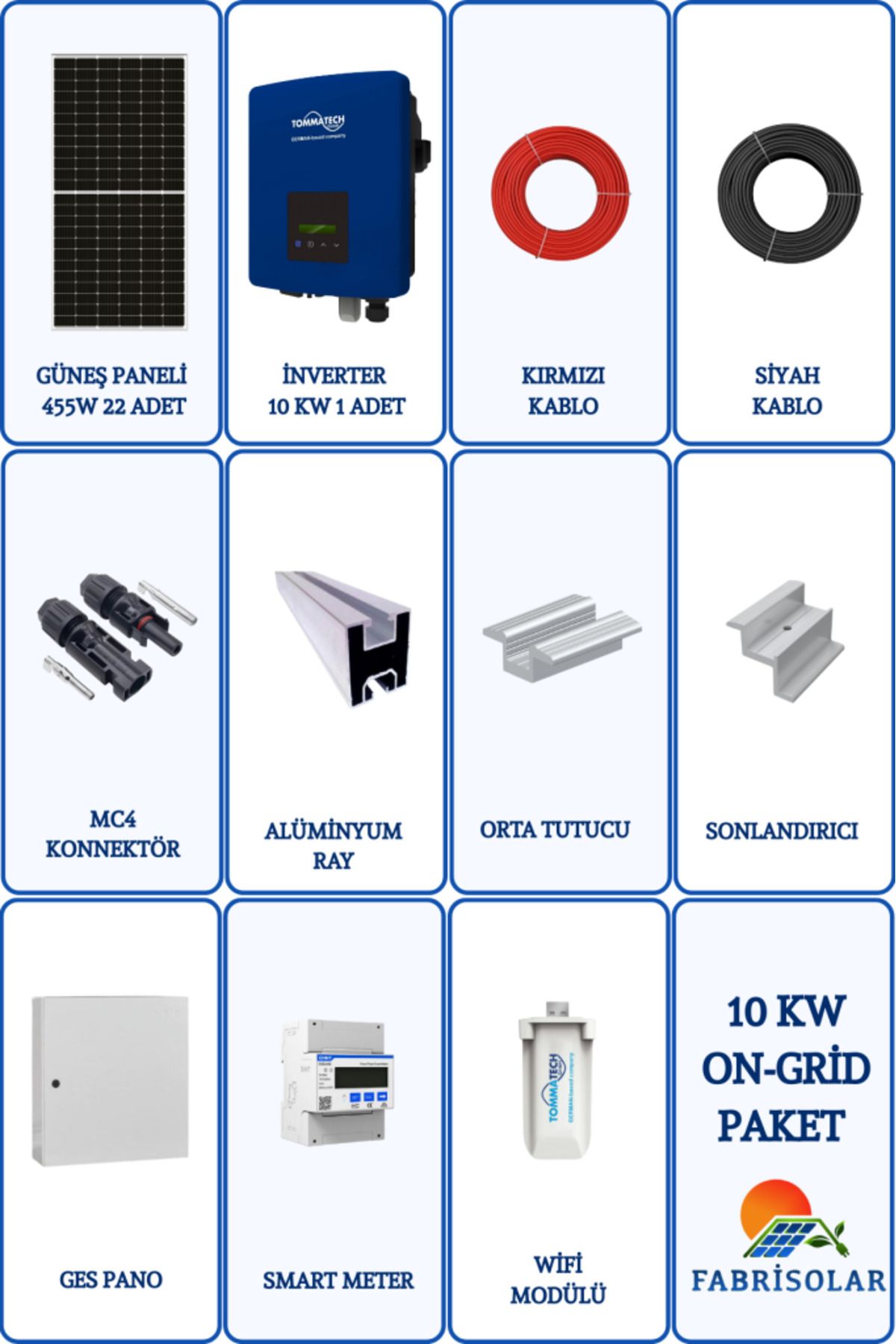 Fabri Solar Güneş Enerjisi On Grid 10Kw Trifaze Solar Paket Sistemi