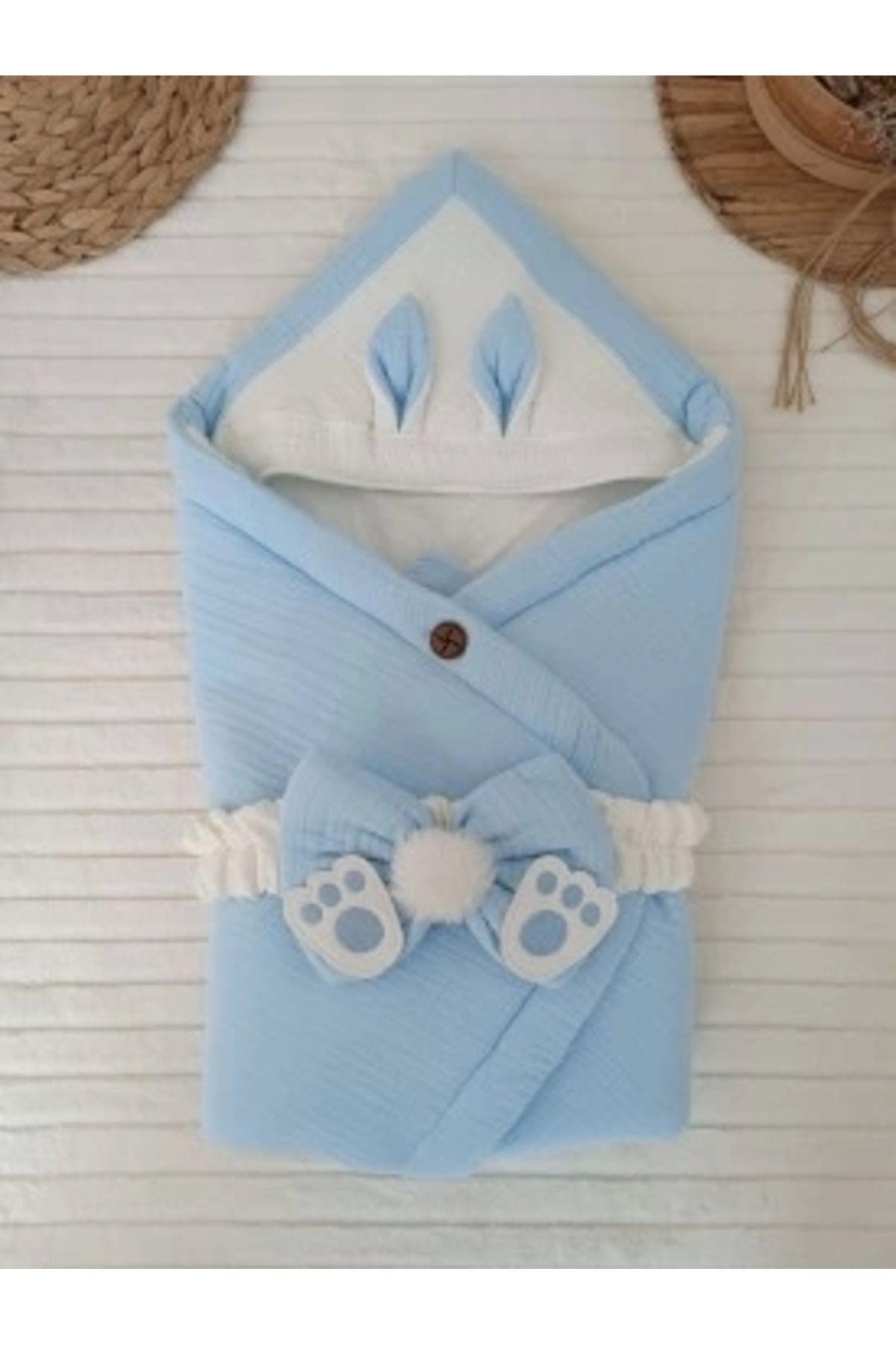 Diji Baby Yenidoğan 4 Kat Müslin Kumaş Kulaklı Patili Fiyonk Bebek Battaniyesi Kundak