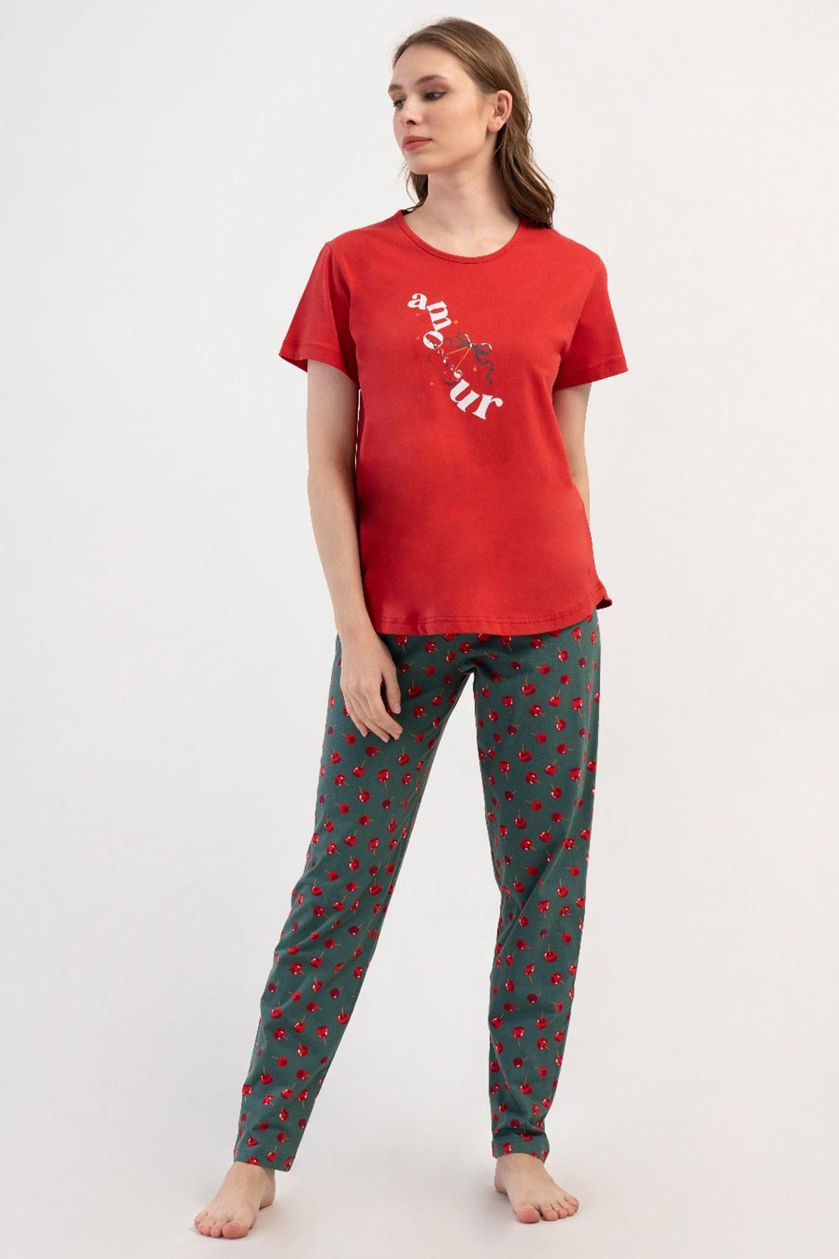 VİENETTA Kadın Büyük Beden Kısa Kol Kırmızı Pijama Takım %100 PAMUK C5T0N2O804