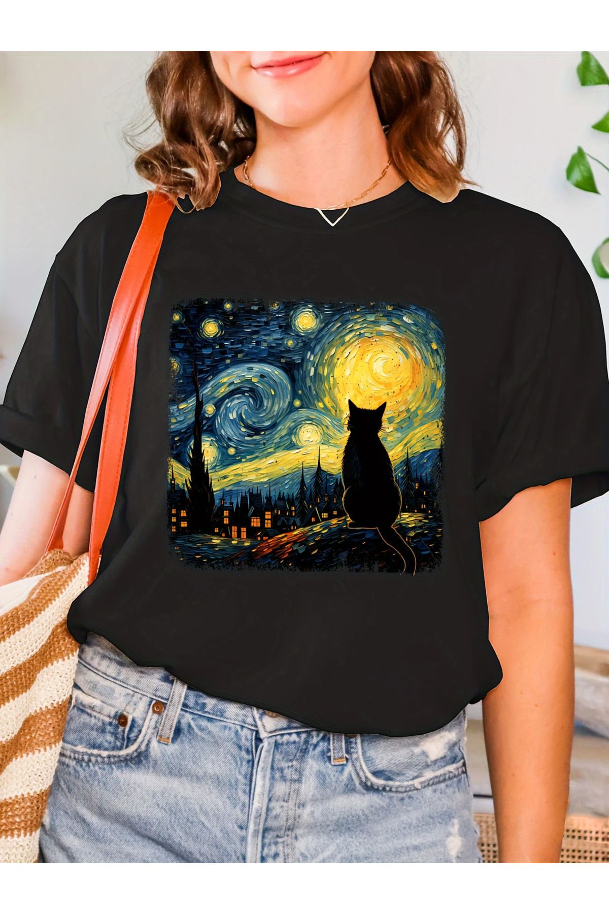 LAND MODA Kadınlar için Van Gogh Yıldızlı Gece Kedi Sanat Baskılı Tişört - Siyah Kısa Kollu Yuvarlak Yaka