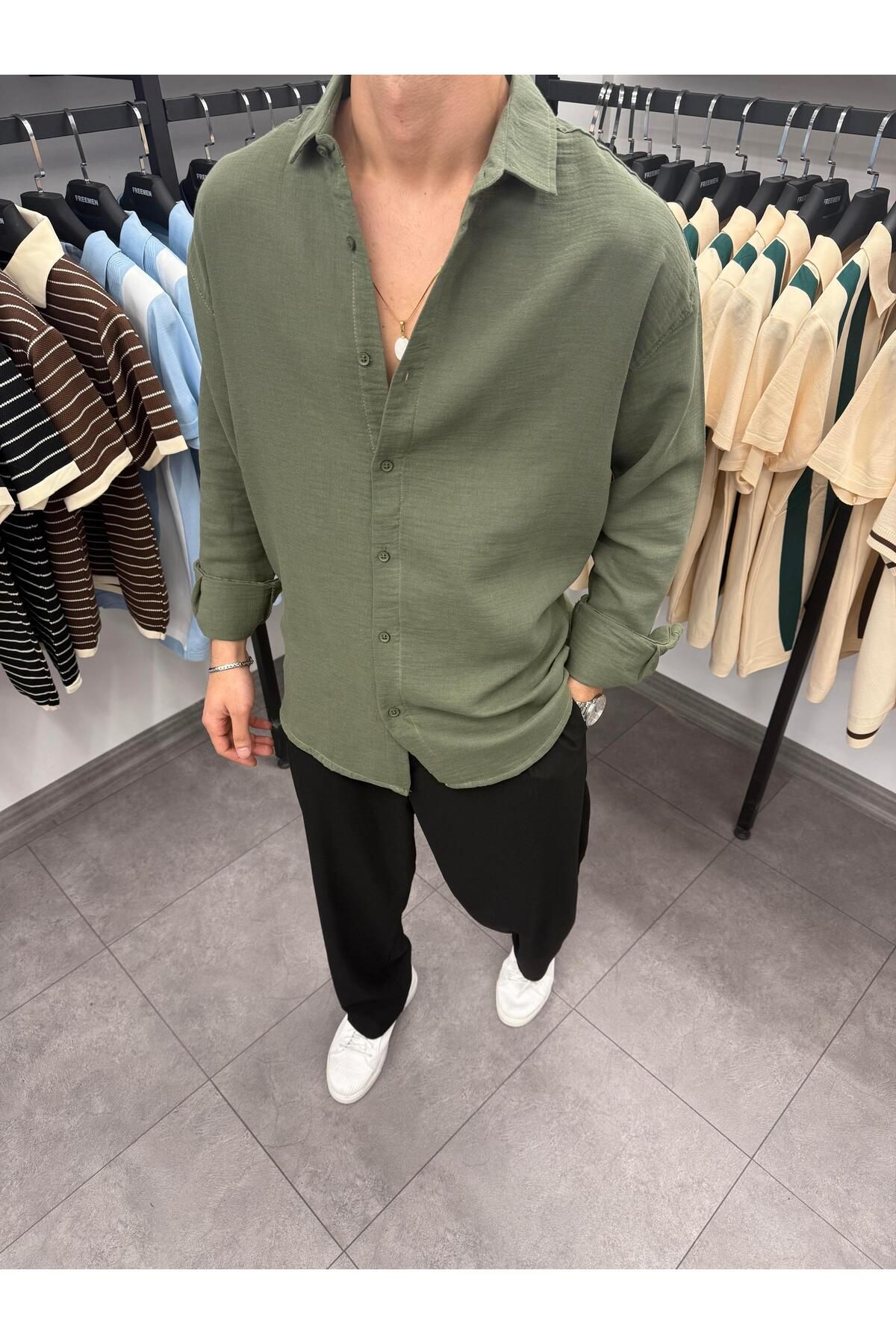 Butik Müslin Kumaş Oversize Gömlek Haki