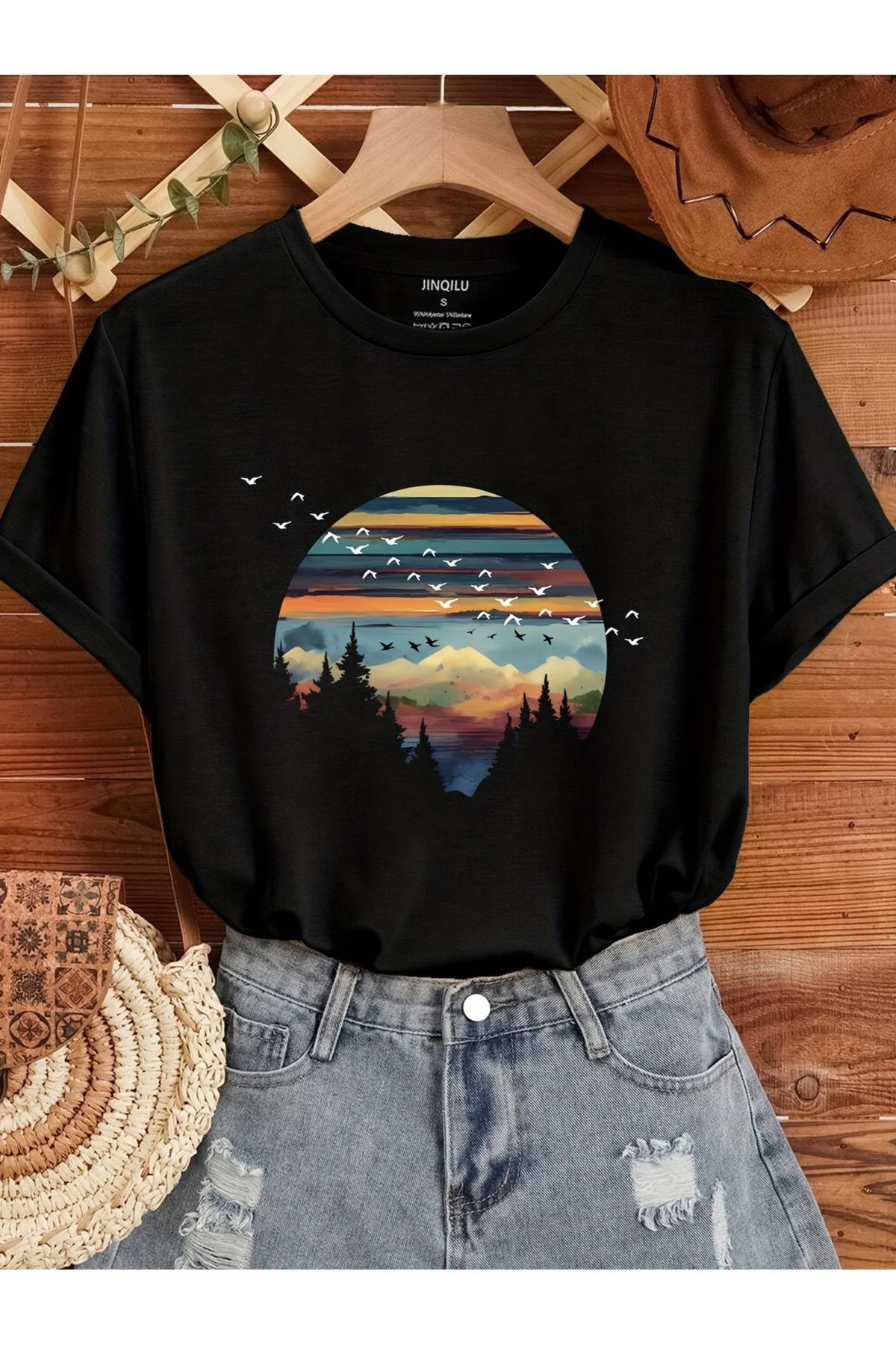 LAND MODA Kadınlar için Rahat Yaka T-Shirt, Manzara Baskılı, Kısa Kollu, Orta Esneklikli Kumaş